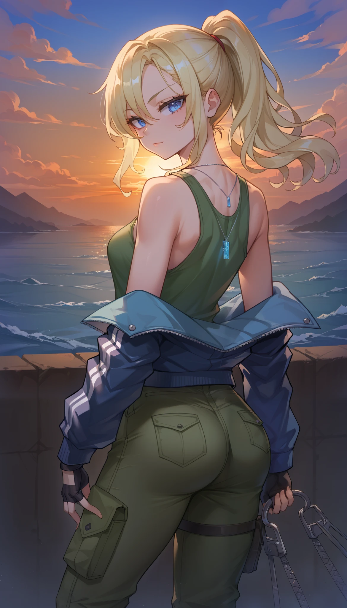 score_9, score_8_up, score_7_up, source_anime, masterpiece, best quality, solo, seductive pose, sexy pose, butt, large hanger background, sunset, 1girl, slim, lean and toned body, fair skin, long wavy blonde hair, ponytail, icy-blue eyes, faint scar traces her left eyebrow, cargo pants, fitted olive green tank top, worn dark-blue bomber jacket with unit patch, combat boots, fingerless gloves, silver pendant tucked beneath her shirt, Standing, Looking backwards, Face turned to gaze, looking at viewer, outdoors, masterpiece, top quality, very beautiful, absurd