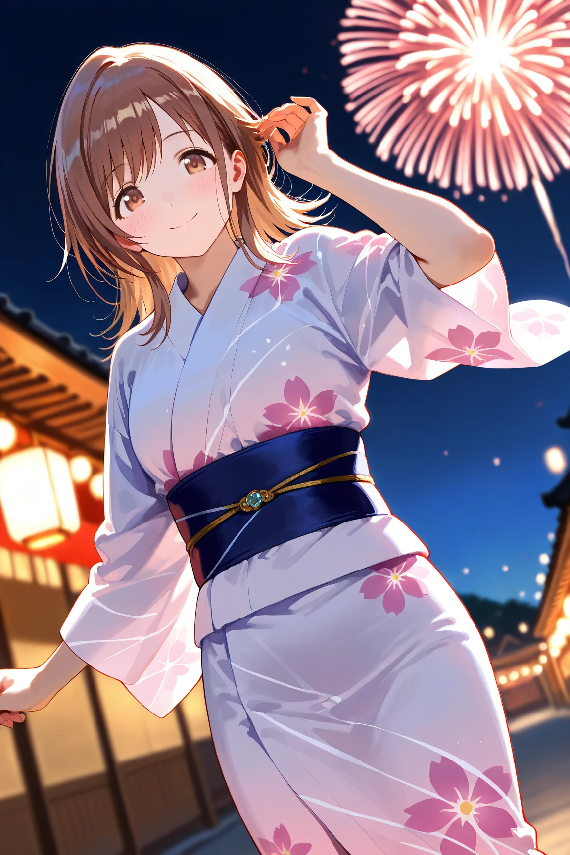 irohaisshiki, Iroha Isshiki, Long Hair, Brown Hair, (Brown eyes:1.5), smile,Yellow Kimono,White tabi,Sandals,日本のFestivalり,夏Festivalりの屋台,Red lantern,Fireworks in the night sky、Fireworks,The place is a fireworks display,Time is night,sunny day,whole bodyがイラストに入るように,歩いている
break outdoors, Festival,
break looking at viewer,whole body,
break (masterpiece:1.2), highest quality, High resolution, unity 8k wallpaper, (figure:0.8), (Beautiful fine details:1.6), Highly detailed face, Perfect lighting, Highly detailed CG, (Perfect hands, Perfect Anatomy),