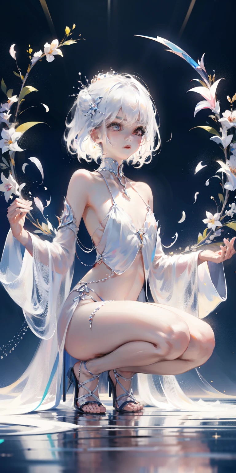 young woman、Beautiful face、very nice、Slim and beautiful、((small :1.2))、Well-drawn eyes、Charming eyes、Double tail、Wear jewelry and pearls around your neck,Transparent openwork、Deep V、crystal pearl、在Wear jewelry and pearls around your neck,White hair, showing hips, bare shoulders, show Clavicle, Yao Liu, Barefoot,((whole body))、painful posture