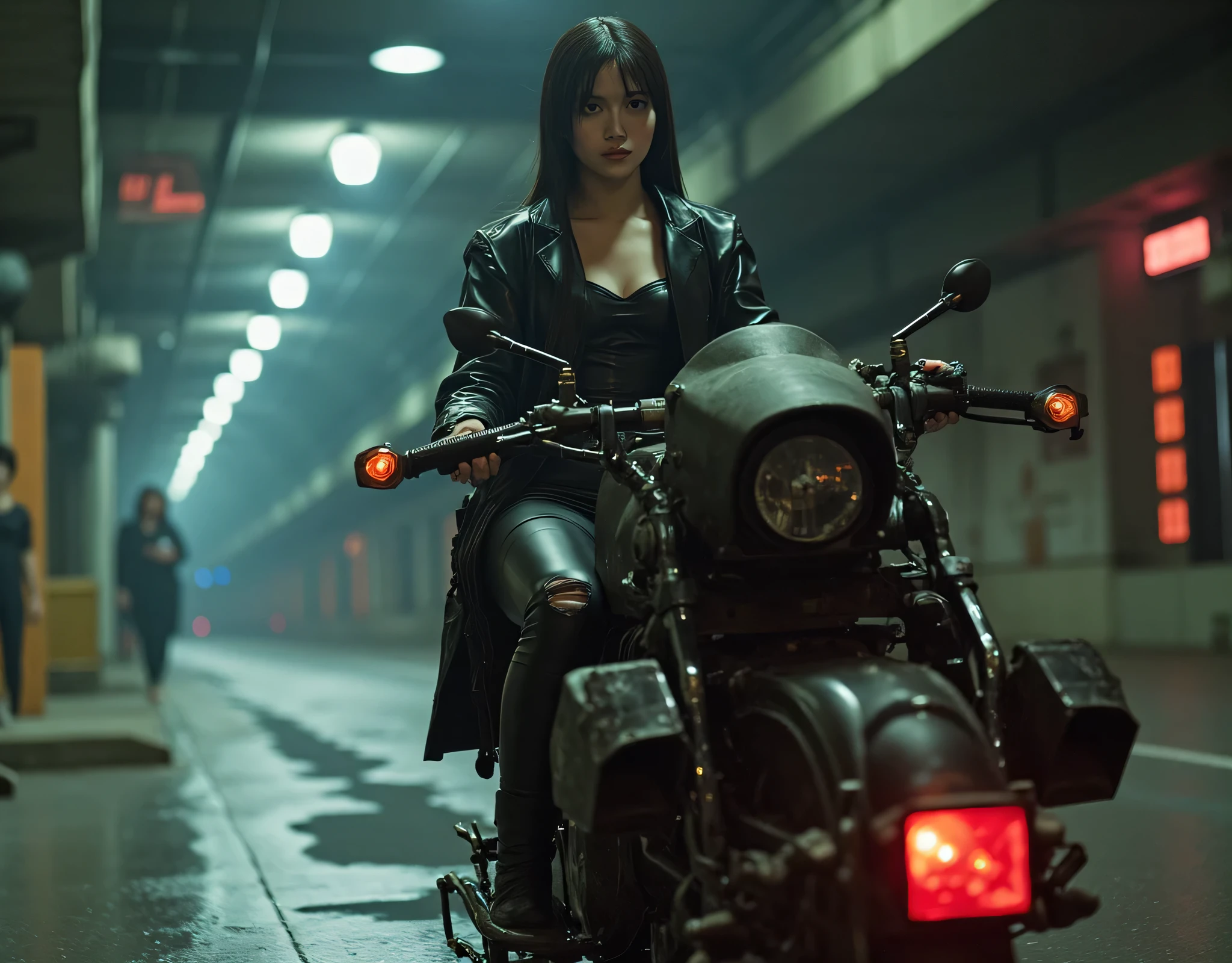 (((The dark Nostromo highway:2.0))),((( HR Gigger Style Cyberpunk Atmosphere :2.0))),((Ride a speeder bike:2.0)),(((Ride a cyberpunk-style speeder bike:2.0))),((whole body:2.0)), one woman,( cute face),(Beautiful well-balanced face ),(( natural big breasted :2.0)),( black hair:1.5),(beautiful eyes:1.3), glamorous shot of a 20 year old Japanese woman , Slender Beautiful Body ,((Model body type:2.0)),(( slim body with hot water:1.7)), perfect body line ,ideal proportions,(( big breasts:2.0)),((F cup chest wearing:1.5)),Big Breasts,Bare thighs, sensual thighs, delicate body,( Muscular:1.7),A harmonious posture,((Realistic breast depiction :1.7)),carefully depicts limbs based on perfect anatomy,((Wear a samurai kimono-style military coat with an open front over a black super high-leg leotard :1.5)),((fit camy-style latex super high-leg leotard:1.5)),((military coat style black kimono with the front open over a leotard:1.5)),(ear monitor:1.5),((Tactical Holster:1.5)),( gloves:1.3),concept art,(TOP QUALITY:1.5),(masterpiece:1.5),(超高resolution),resolution,UHD,( delicate depiction), carefully drawn with butterfly wings ,32K,((realistic skin texture:1.5)),((( Super realistic :1.5))), eyelashes,very detailed face,Highly detailed female hand,Sexy appearance,Very sensual,(Blurry Dim Backgrounds :1.5), professional photography,( Movie Lighting:2.0),(( Blade Runner Style Lights :2.0))