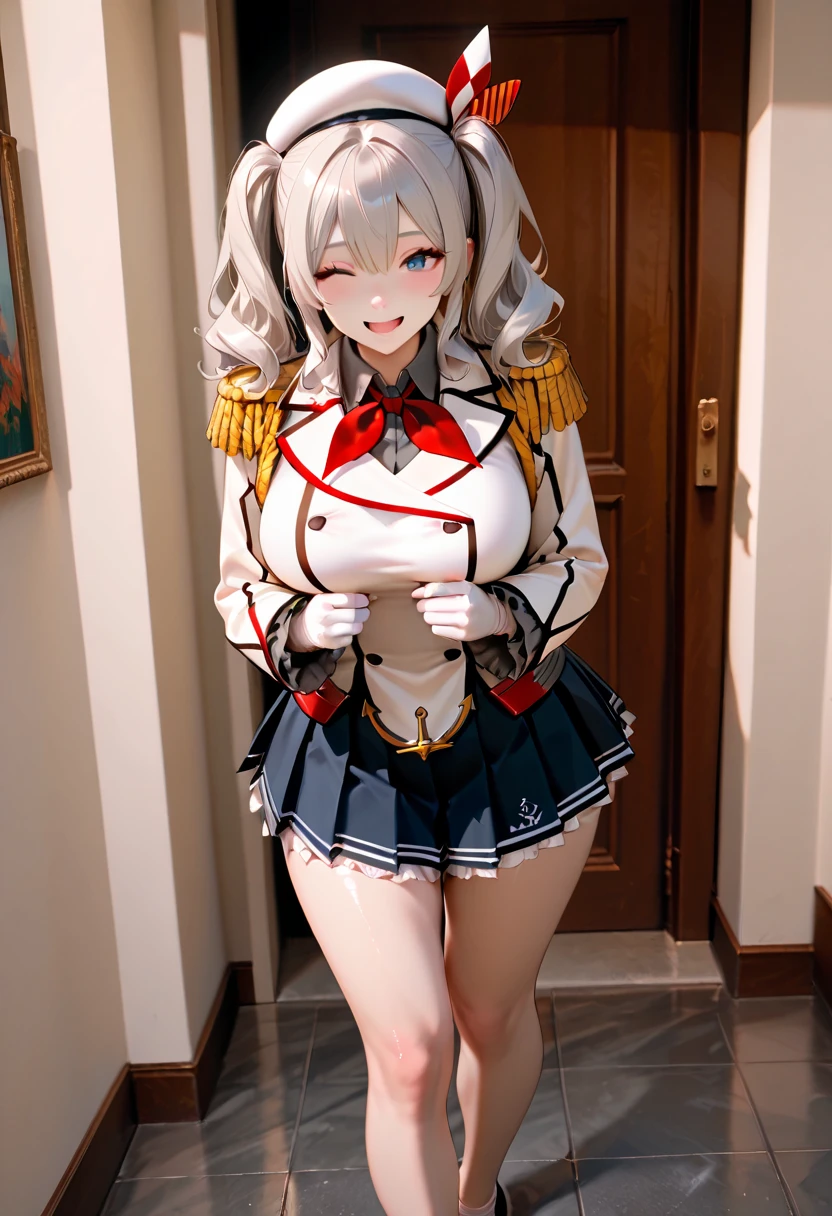 ((Top quality)), ((masterpiece)), (details),
High resolution, super detailed, very detailed CG Unity 8k wallpaper, real, photorealistic,
Beautiful fine face, detailed face.
Pale skin, realistic shining skin.
Detailed fabric texture, detailed hair texture.
(Eyes with attention to beautiful details: 1.5),
(Small hand), ((perfect hand)).
slim legs, detailed legs.
((Perfect Anatomy)).
Perfect lighting.
break
a girl,age:18,
kashima( Fleet Collection),
kashima ( hook),
kashima (fleet girl’s collection),
(Gray hair:1.5), Medium Hair, wavy Hair, (twin tails),
(blue eyes:1.2), we have,
((Big smile:1.2)),eye closed,
(slender: 1.1), (big chest: 1.2),
(Most Big Butt : 1.3), (Fluffy thighs: 1.1),
break
a girl,age:18,
Navy, white military uniform,
beret , epaulettes,
red neckerchief,
white gloves,
jacket, ruffled sleeves, long sleeves,
pleated skirt, miniskirt, anchor,
break
She is happy,Participate in the party,