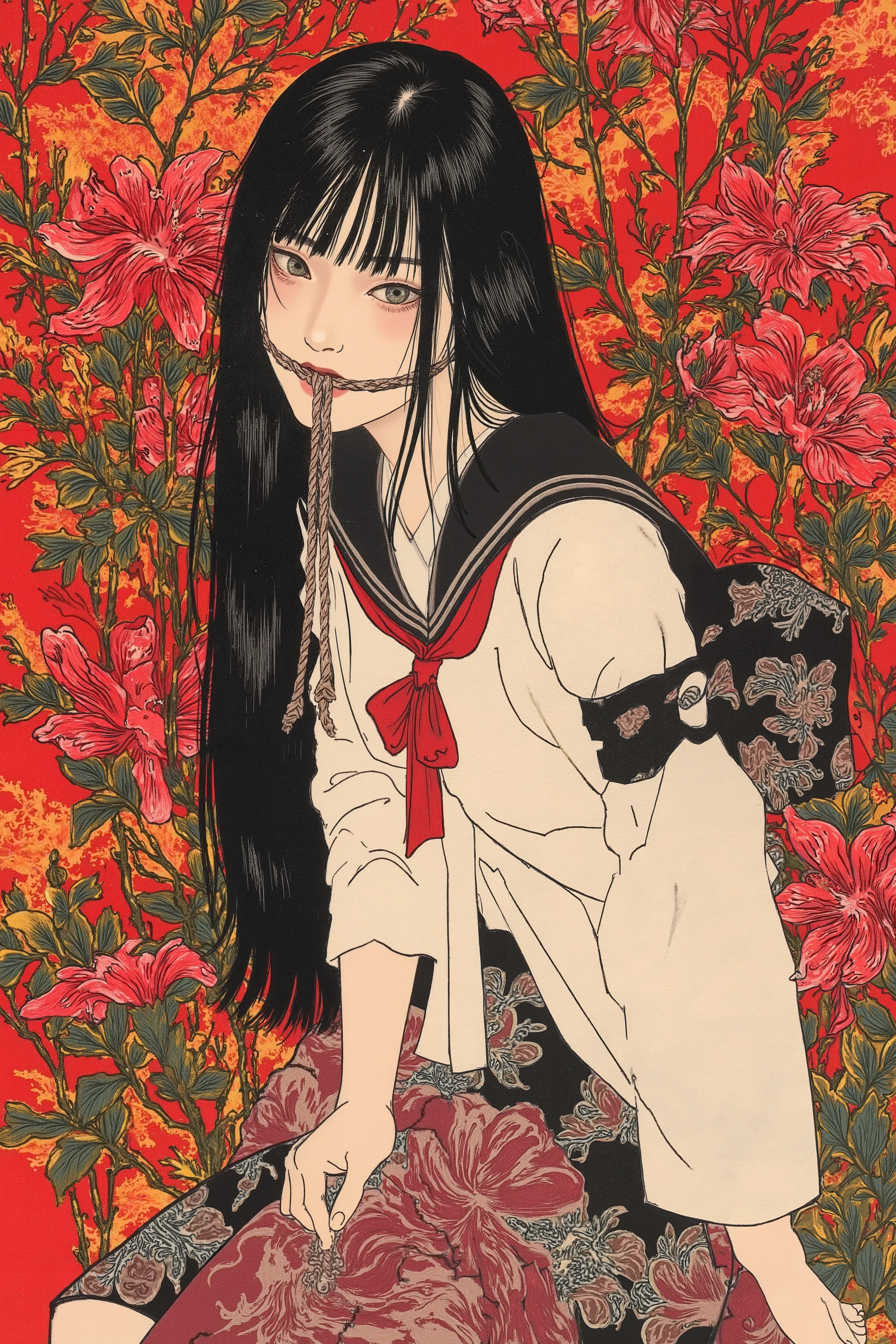 1 girl,beautiful face,turime,black hair,long straight hair ,Bob,hime cut, long hair,((wearing Japanese school black sailor uniform with mini black skirt, red ribbon,long sleeve,navel)), (rope gagged mouth:1.3),horror,creepy,erotic,Nihonga,Japanese painting style,,(vivid color:1.5),sharp line,(red spider lily),dynamic pose,detailed image,((black,red)),scarlet, By Taiyo Matsumoto,ishin_japanhorror,tsukioka1 Japanese woodblock print ukiyo-e,junji ito style,