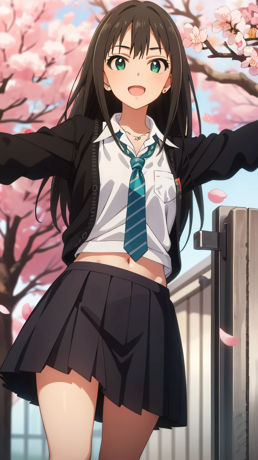 {{{masterpiece}}}, (best quality:1.5), (ultra-detailed:1.5), {illustration}, {{an extremely delicate and beautiful}}, (beautiful detailed eyes:1.6), absurdres, highres, extremely detailed face, 16k, hd, visual anime de uma jovem mulher, extremamente bonito rosto de anime, anime melhor garota, (perfect hands, perfect anatomy), anime face, rin shibuya(iDOLM@STER Cinderella Girls), 1girl, solo, cute face, beautiful face, black hair, long hair, straight hair, bangs, sidelocks, flushed cheeks, green eyes, slanted eyes, medium breasts, thin waist, big hips, curvaceous, BREAK, {school uniform}, black cardigan, long sleeves, black sleeves, white shirt, collared shirt, wing collar, green necktie, striped necktie, clavicle, chain necklace, shirt tucked in, black skirt, miniskirt, pleated skirt, BREAK, smile, outdoors, tree, falling petals, cherry blossoms, daytime, In front of the school gate, outstretched arms, open mouth, under the sunlight, from below, sky