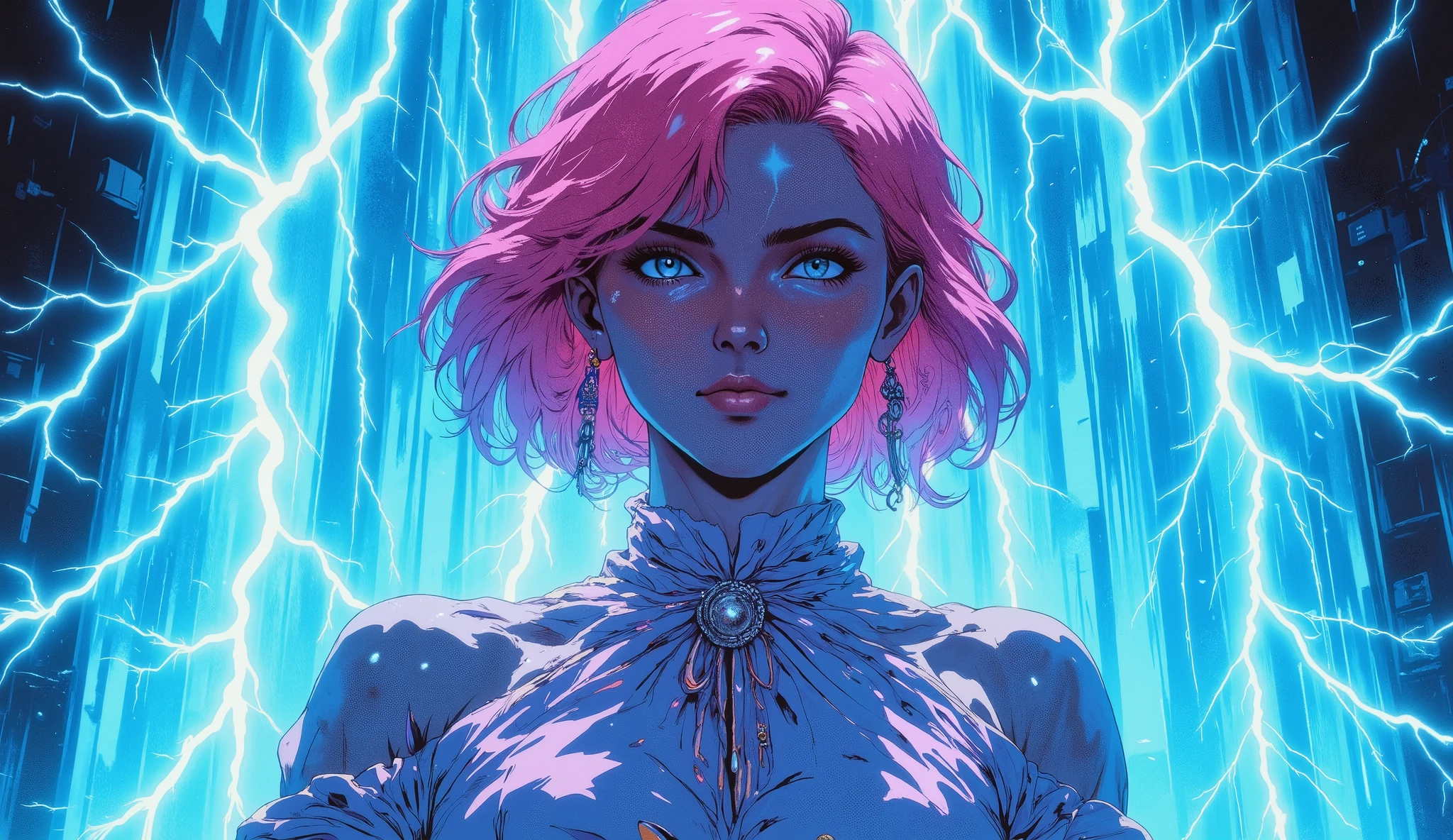 beautiful woman in dress, young, pink hair, behind it there are huge rays, The lightning is blue
