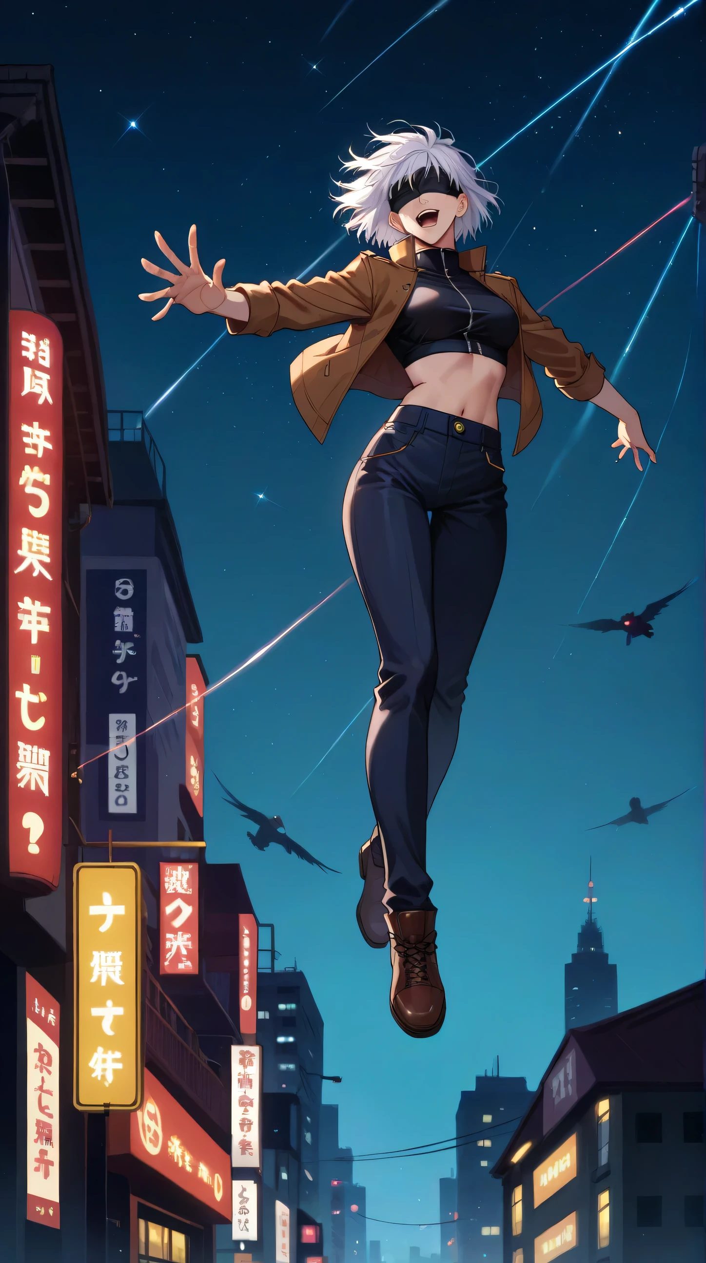 Create an 8K realistic wallpaper featuring Gojo Satoru from Jujutsu Kaisen soaring majestically through the night sky above a bustling city. The scene should be alive with the vibrant glow of city lights illuminating the landscape below, casting a myriad of colors against the dark backdrop of the night. Gojo, with his signature white hair flowing in the wind and his eyes concealed behind a stylish blindfold, should embody a sense of freedom and power as he effortlessly flies above the cityscape. Add dynamic energy effects surrounding him, creating a magical atmosphere that emphasizes his strength and agility. The overall composition should evoke a feeling of awe and adventure, capturing the essence of Gojo as a guardian figure flying high above the urban jungle.
