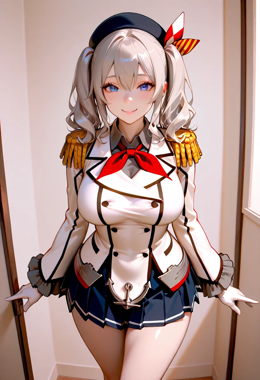 ((Top quality)), ((masterpiece)), (details),
High resolution, super detailed, very detailed CG Unity 8k wallpaper, real, photorealistic,
Beautiful fine face, detailed face.
Pale skin, realistic shining skin.
Detailed fabric texture, detailed hair texture.
(Eyes with attention to beautiful details: 1.5),
(Small hand), ((perfect hand)).
slim legs, detailed legs.
((Perfect Anatomy)).
Perfect lighting.
break
a girl,age:18,
kashima( Fleet Collection),
kashima ( hook),
kashima (fleet girl’s collection),
(Gray hair:1.5), Medium Hair, wavy Hair, (twin tails),
(blue eyes:1.2), we have,
((Big smile:1.2)),eye closed,
(slender: 1.1), (big chest: 1.2),
(Most Big Butt : 1.3), (Fluffy thighs: 1.1),
break
a girl,age:18,
Navy, white military uniform,
beret , epaulettes,
red neckerchief,
white gloves,
jacket, ruffled sleeves, long sleeves,
pleated skirt, miniskirt, anchor,
break
She is happy,Participate in the party,