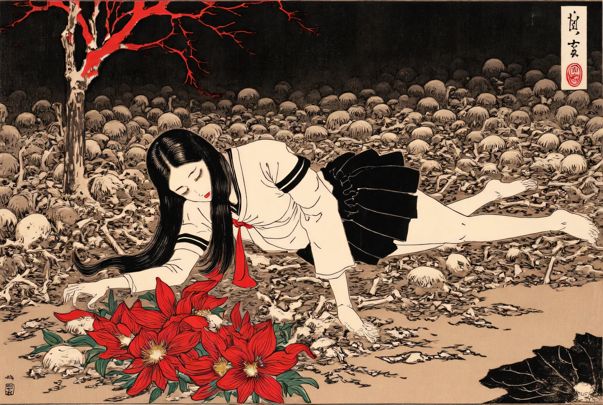 solo forcus,1 girl,beautiful face,turime,black hair,long straight hair ,Bob,hime cut, long hair,((wearing Japanese school black sailor uniform with mini black skirt, red ribbon)),blush,(closed eyes,lying girl,bones, skeletons:1.3),((red spider lily)),((black,red)),(vivid color:1.5),horror,creepy,erotic,Nihonga,Japanese painting style,sharp line,scarlet, dynamic pose,dynamic angle,detailed image, By Taiyo Matsumoto,tsukioka1 Japanese woodblock print ukiyo-e,junji ito style,