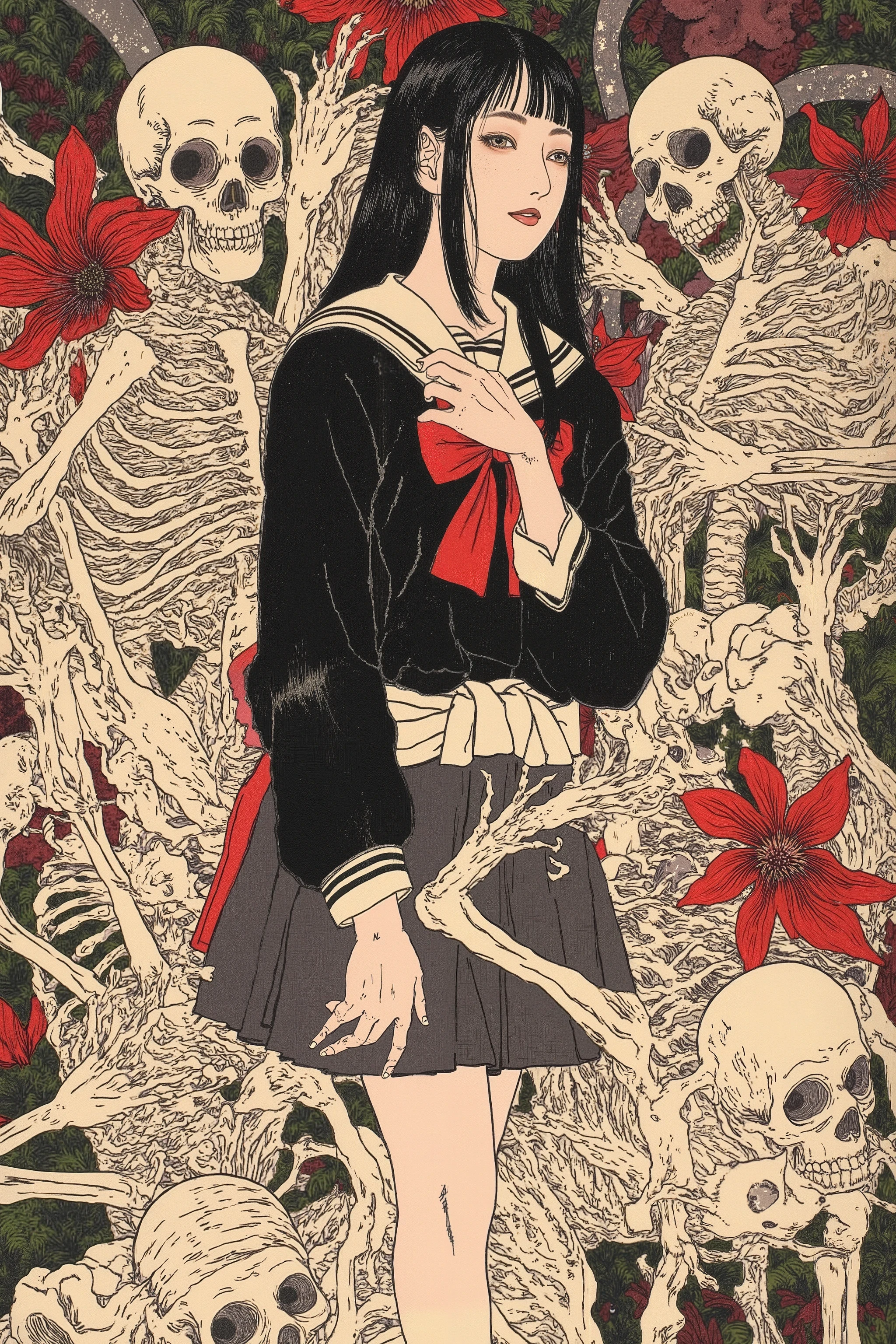 1 girl,beautiful face,turime,black hair,long straight hair ,Bob,hime cut, long hair,((wearing Japanese school black sailor uniform with mini black skirt, red ribbon,long  sleeve)), (hugging skeletons:1.3),horror,creepy,erotic,Nihonga,Japanese painting style,,(vivid color:1.5),sharp line,(red spider lily),dynamic pose,detailed image,((black,red)),scarlet, 　　　　　　By Taiyo Matsumoto,ishin_japanhorror,tsukioka1 Japanese woodblock print ukiyo-e,junji ito style,　　　　　　