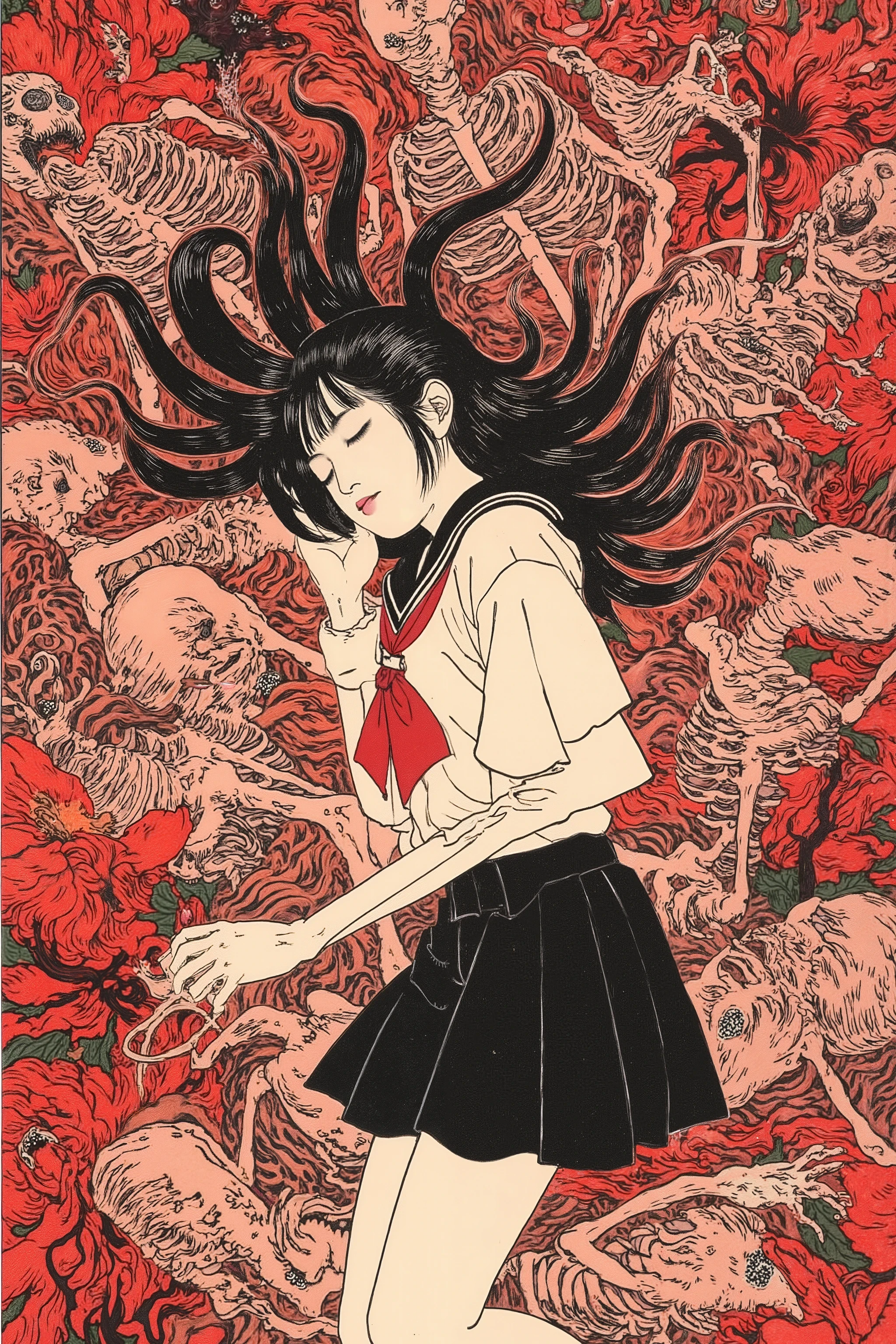 1 girl,beautiful face,turime,black hair,long straight hair ,Bob,hime cut, long hair,((wearing Japanese school black sailor uniform with mini black skirt, red ribbon,long sleeve)), navel,(sleeping,closed eyes,lying bones, skeletons:1.3),((red spider lily)),((black,red)),(vivid color:1.5),horror,creepy,erotic,Nihonga,Japanese painting style,sharp line,scarlet, dynamic pose,detailed image, By Taiyo Matsumoto,ishin_japanhorror,tsukioka1 Japanese woodblock print ukiyo-e,junji ito style,