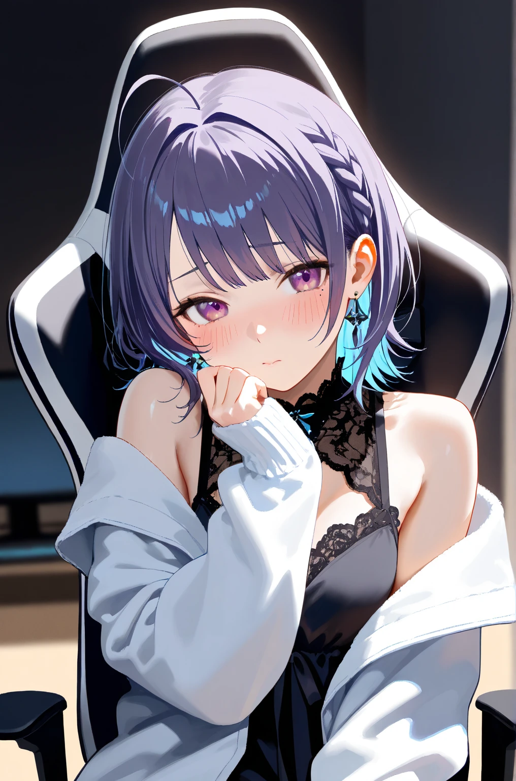 okayucasual, dress shirt, purple ribbon, naked shirt, open cardigan, cat tail, ahoge,purple eyes,collar,bare shoulders,breast cleavage, armpit peek, mole on armpit, armpit focus, spread armpit, licking armpit,