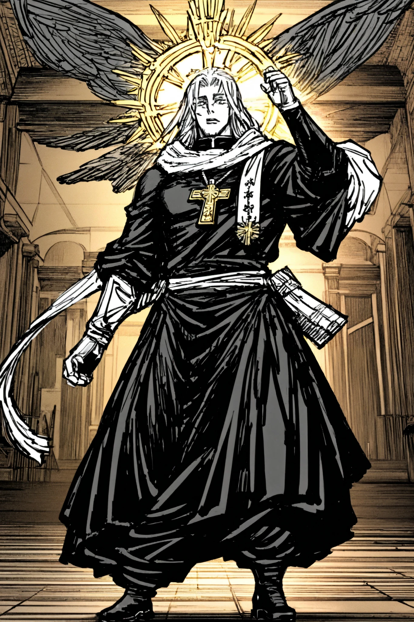 Physical Appearance
Height: 1. 85 m
Body : Athletic, with muscles defined by years of physical and spiritual training.
fur: white, scarred mild on the hands and arms due to past confrontations.
hair: , gray with white tufts on the temples. Before he was black, but the constant use of sacred energy has worn it out prematurely.
eyes: of deep blue , but when he uses his power, his iris shines with intense gold.
expression: Firm and Serene, with the eyes of someone who has seen the abyss but is moving forward with unwavering faith.
---
Clothing
Black tactical cassock: A modified priest's costume with hidden protections on the torso and arms. Resists physical and spiritual impacts.
stole with sacred inscriptions: It wears embroideries in Latin and Hebrew that strengthen its spiritual defense.
combat gloves: Black with silver crosses on the backs, contains small exorcism seals on the knuckles.
reinforced boots : Made to withstand hostile terrain and move fast in combat.
Blessed steel rosary: Entangled on his left wrist, his main weapon.
Saint Michael's Medal: Hanging around his neck, serves as a protective amulet and channeler of its energy.
---
Additional details
Scar on the right eye: Product of a confrontation with an Abyssal. Although he healed, he sometimes feels that "Something" continues to observe him from that wound.
Deep and calm voice: Firm when speaking, but with a tone that transmits authority and wisdom.
Aroma of incense and iron: A trace of its constant contact with the sacred and the battle.