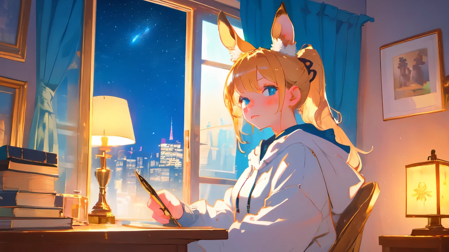A beautiful girl with rabbit ears and golden hair tied in a high ponytail, studying by the window at night. She wears a cozy hoodie, her face illuminated by the warm glow of city lights outside. The bustling metropolis stretches beneath the night sky, its lights twinkling like distant stars. Her eyes are focused on an open book, a pen in hand, as she concentrates deeply. The atmosphere is serene yet inspiring, blending modern city aesthetics with a touch of fantasy. The composition is detailed, with soft lighting and realistic textures enhancing the scene.