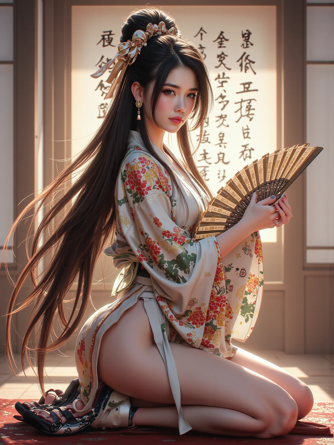 Superb Quality, Masterpiece, High Resolution, 8K, Bare Thighs, Oily Skin, Flush Skin, (Exquisite Body: 1.5), Stunning Beauty, (Milky Skin: 1.3), Delicate Details, High Resolution, Wallpaper, 1 Female, Solo, Dress, Hair Accessory, (((Golden Red Dress)), Flower, Long Hair, Brown Hair, Shut Up, Accessories, Long Sleeves, Raised Hands, Wide Sleeves, Big Eyes, Flowing Hair, Hanfu, Hanfu, Embroidery, Long Dress, Natural Pose, Falling Petals, Indoor, Fanning, Lantern, 16K, HDR, High Resolution, Depth of field, (Film grain: 1.1), Bocon, Primetime, (lens flare), vignette, rainbow, (color grading: 1.5)
