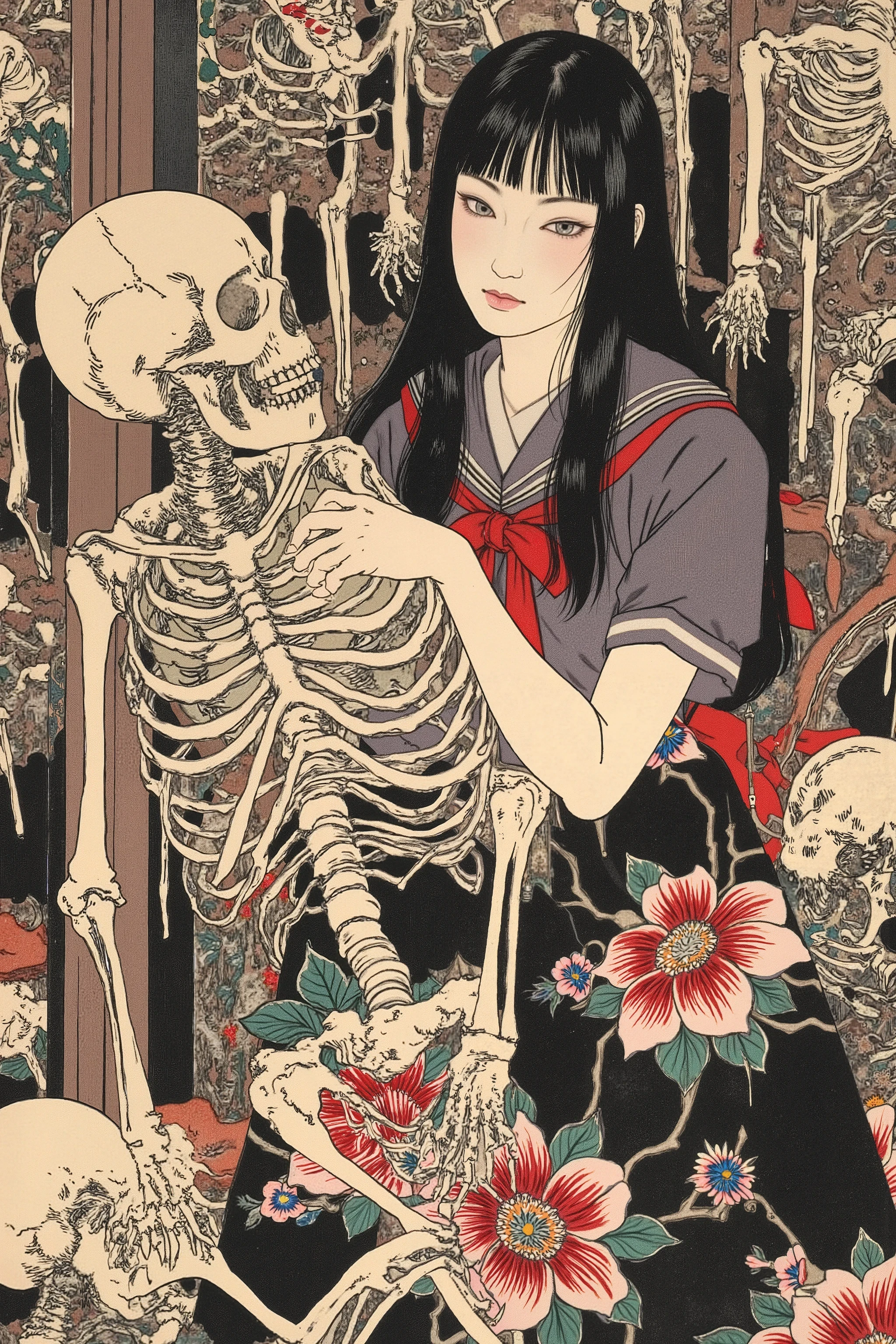 1 girl,beautiful face,turime,black hair,long straight hair ,Bob,hime cut, long hair,((wearing Japanese school black sailor uniform with mini black skirt, red ribbon,long sleeve,)),navel,(hugging skeleton,hanging skeletons:1.3),horror,creepy,erotic,Nihonga,Japanese painting style,,(vivid color:1.5),sharp line,((black,red)),scarlet,(red spider lily),dynamic pose,detailed image, By Taiyo Matsumoto,ishin_japanhorror,tsukioka1 Japanese woodblock print ukiyo-e,junji ito style,