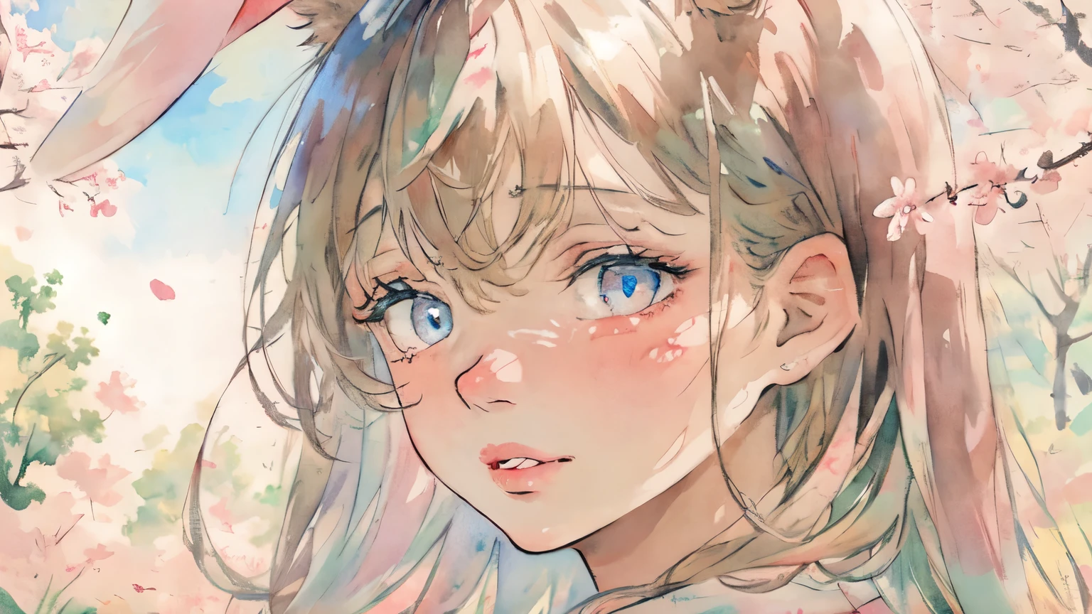1girl, extremely detailed eyes and face, beautiful detailed lips, beautiful detailed eyes, long eyelashes, portrait, girl with rabbit ears, high quality, 8k, masterpiece, ultra-detailed, photorealistic, oil painting, canvas, impasto, spring, sakura, watercolor