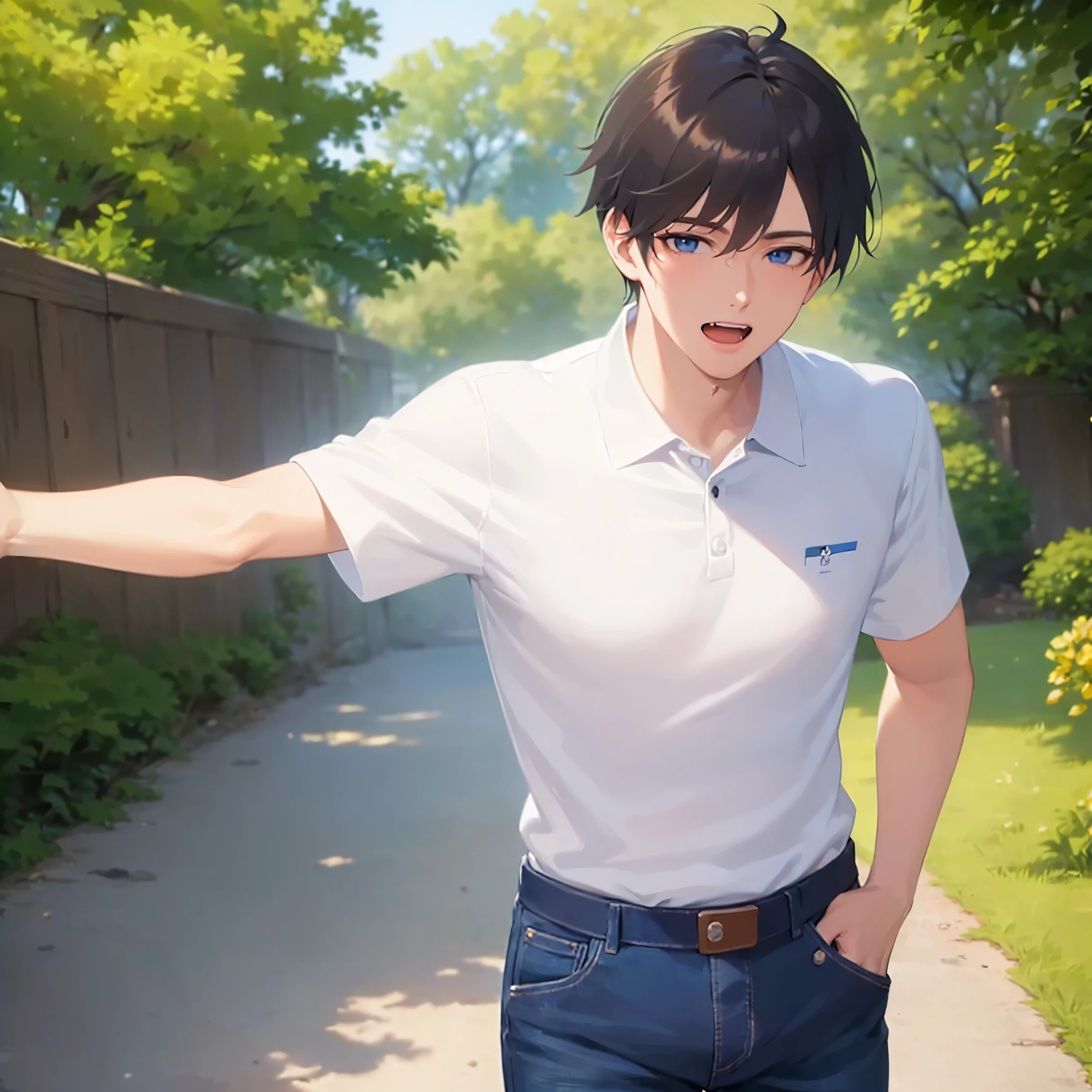 Anime character with black hair and blue eyes in a white shirt - SeaArt AI
