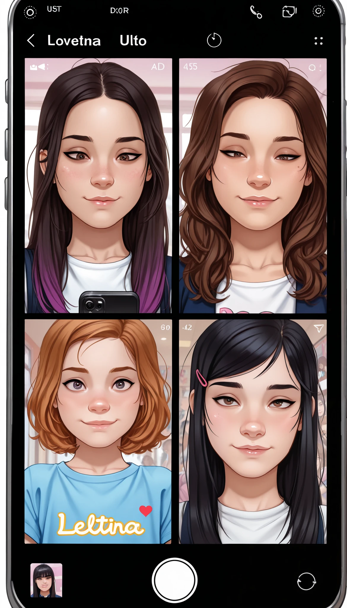 masterpiece, best quality, amazing quality, very aesthetic, high resolution, ultra-detailed, absurdres, newest close up of dating app on phone screen, dating app with multiple profiles, cute art style, multiple young girls,  adolescents, multiple preadolescent girls, various girls, various ethnicities (white, latina, asian), preadolescent, middlges 11-13, assorts, vario hair colors and styles, fully detailed faces, lovely detailed faces, stunning art style, detailed and beautiful faces, clear text, various names,