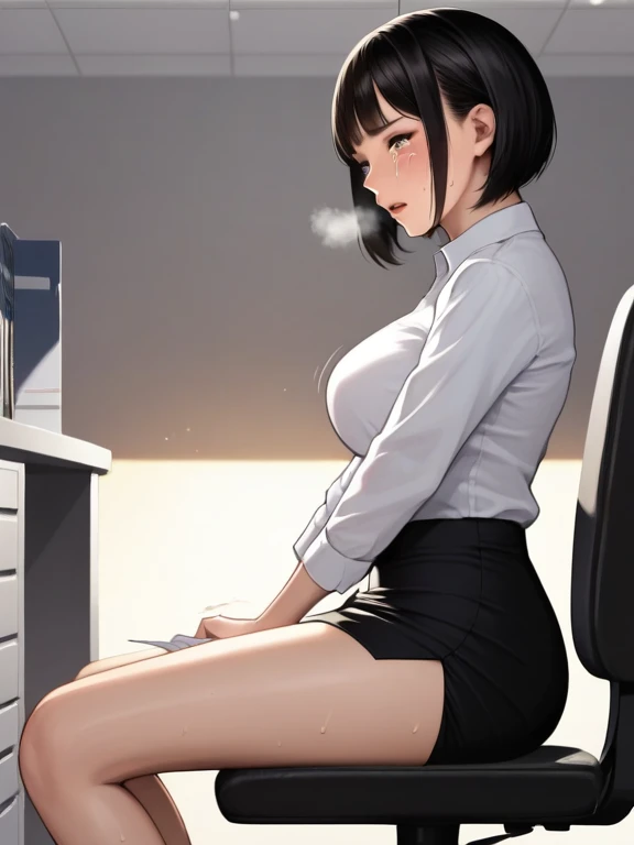 (1 person、alone), Beautiful woman, (Anatomically perfect body, Slender、(OL, office lady:1.2)、((Short sleeve shirt、Best、Pencil Skirt))、 (Look down, face down)、 years old、(Highest quality)、Black Hair, short hair, (Inner thighs, Leaning forward:1.1)、(Are standing)、(office)、(8K, High resolution)、(shy:1.4)、small breast, (steam:1.1), (embarrassed:1.3)、High definition face、(Pussy juice:1.1), (Hug your chest), (Close ~ eyes)