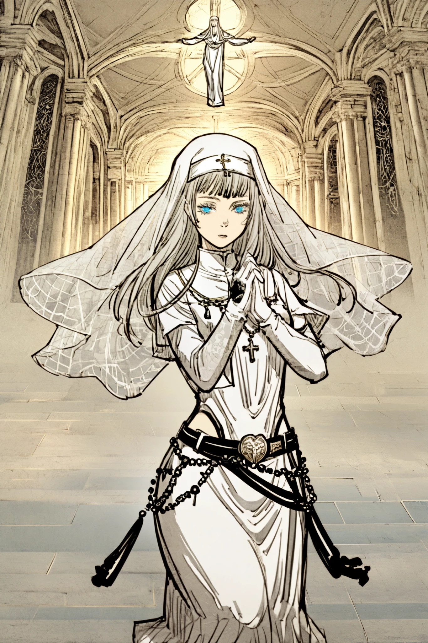 Physical Appearance
Height: 1.72 m
Complexion : Thin but agile , with subtly defined muscles.
fur: pale, with prayer marks written in sacred ink on her back and arms.
hair: platinum blonde, hidden under her veil. A few locks sometimes escape when fighting.
eyes: greyish , but when he uses his power, shine with an intense sky blue.
expression: Serene and determined, with a look that transmits compassion but also a veiled warning.
---
Clothing
Black and gray combat habit: Designed to allow her to move quickly without losing her identity as a nun.
Blessed silk veil: It allows her to resist mild spiritual attacks and conceals her identity to certain entities.
Belt with relics: It carries amulets and fragments of saints in special compartments.
Silver and onyx rosary: It can be used as a sacred whip or to channel your energy.
White gloves with inscriptions: Embroidered seals that enhance its blows against supernatural beings.