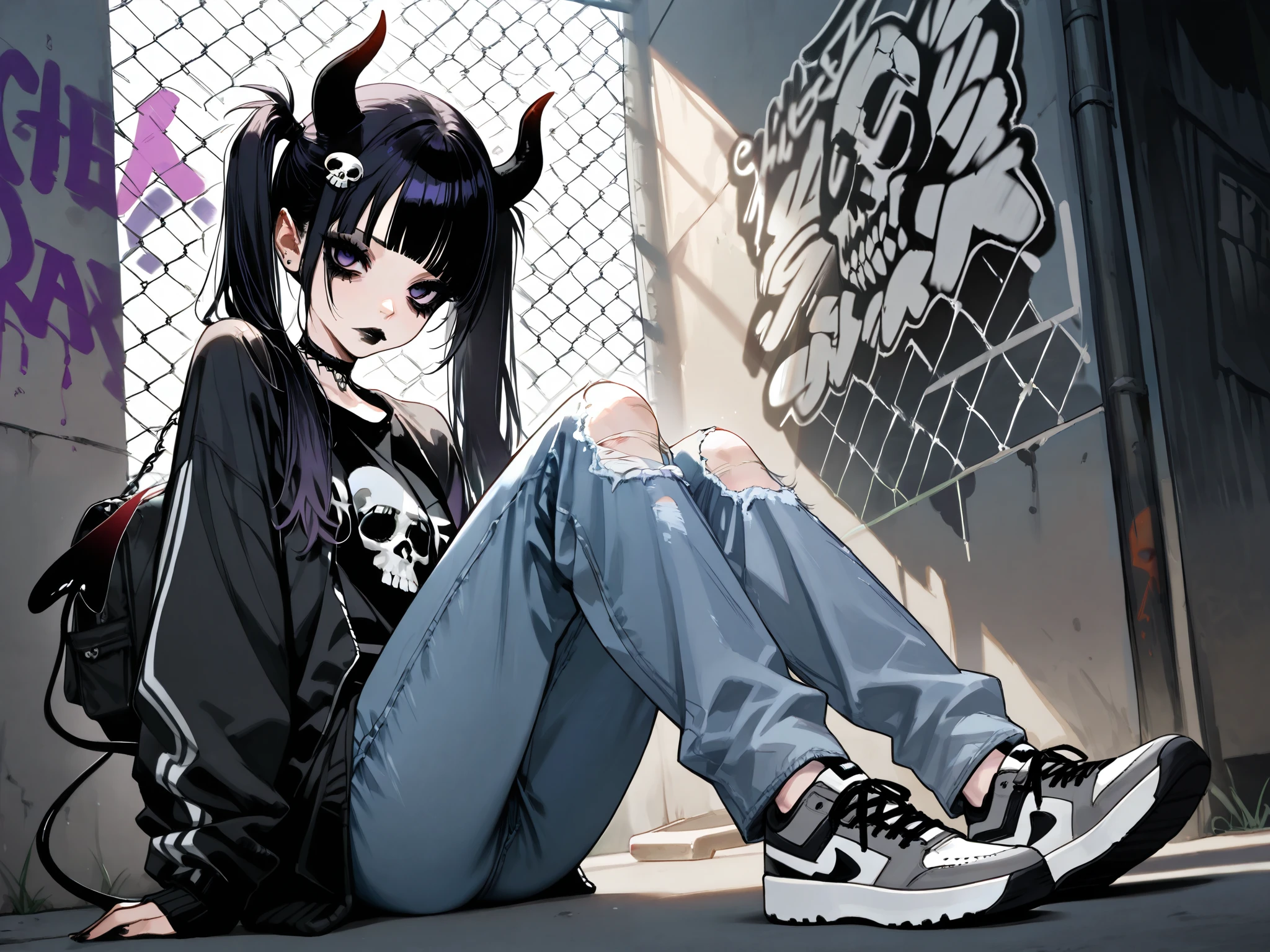skinny tired girl is belong to emo/goth subculture. girl has black-and-white scene hairstyle: long emo bangs that hide half of her face, long hair gathered in two black high messy spiky long pigtails. She has a lot of hairpins on her bangs. Her eyes are purple. She has black Gothic makeup: black lipstick,black eyeliner and leaking mascara, black eye shadow. She is dressed in a gray torn T-shirt with a skull , a bomber sport-jacket, oversized jeans with ripped holes on her knees, and gray sneakers. Her palms is bandaged. on her forehead two obsidian black devil horns,behind her back devilish pointy tail. she is sitting in an alley where the walls are covered with graffiti and the passage is twisted by a chain-link fence.