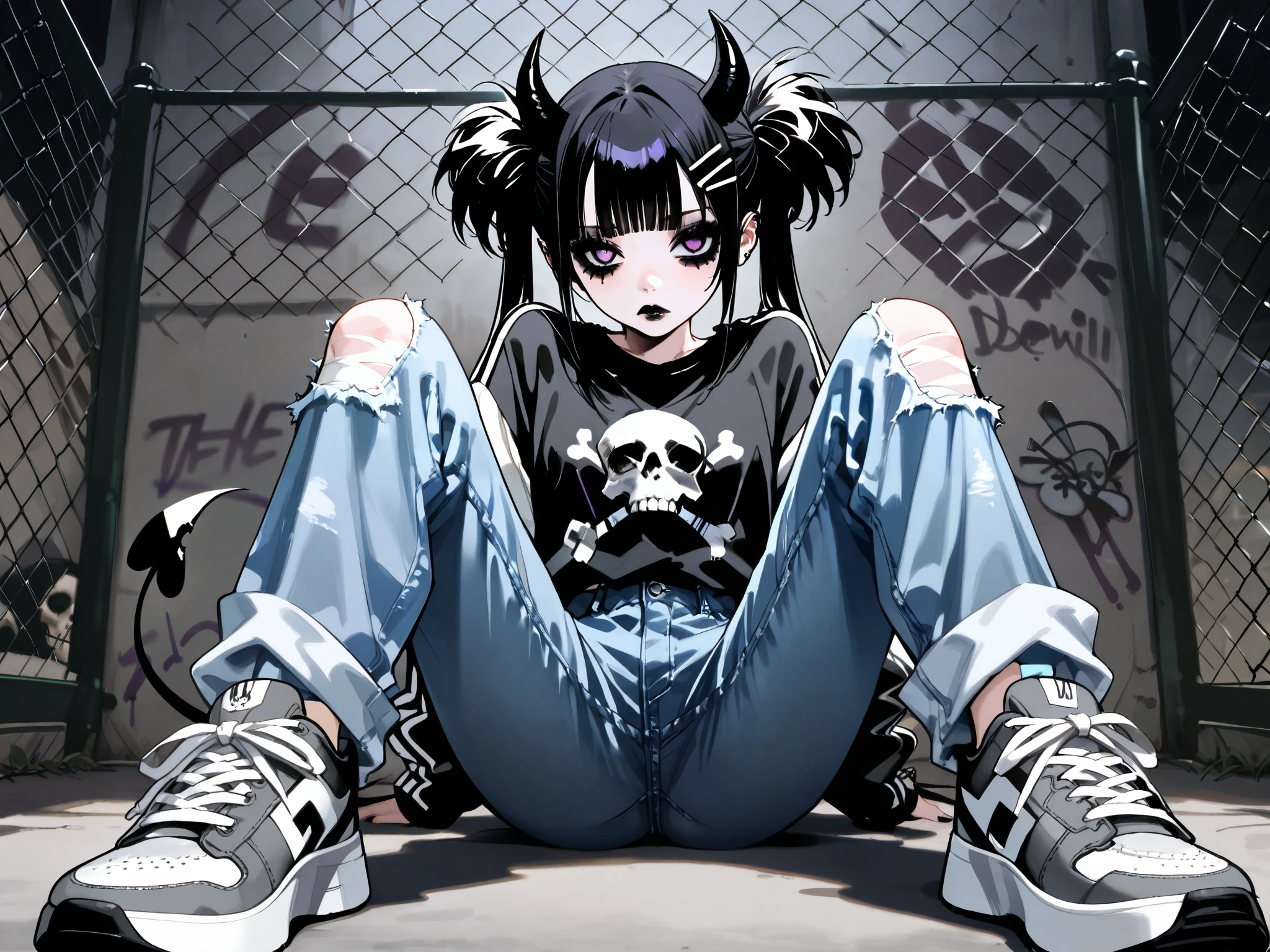 skinny tired girl is belong to emo/goth subculture. girl has black-and-white scene hairstyle: long emo bangs that hide half of her face, long hair gathered in two black high messy spiky long pigtails. She has a lot of hairpins on her bangs. Her eyes are purple. She has black Gothic makeup: black lipstick,black eyeliner and leaking mascara, black eye shadow. She is dressed in a gray torn T-shirt with a skull , a bomber sport-jacket, oversized jeans with ripped holes on her knees, and gray sneakers. Her palms is bandaged. on her forehead two obsidian black devil horns,behind her back devilish pointy tail. she is sitting in an alley where the walls are covered with graffiti and the passage is twisted by a chain-link fence.