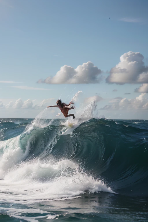 a boy trying to float with a surfboard in the me




