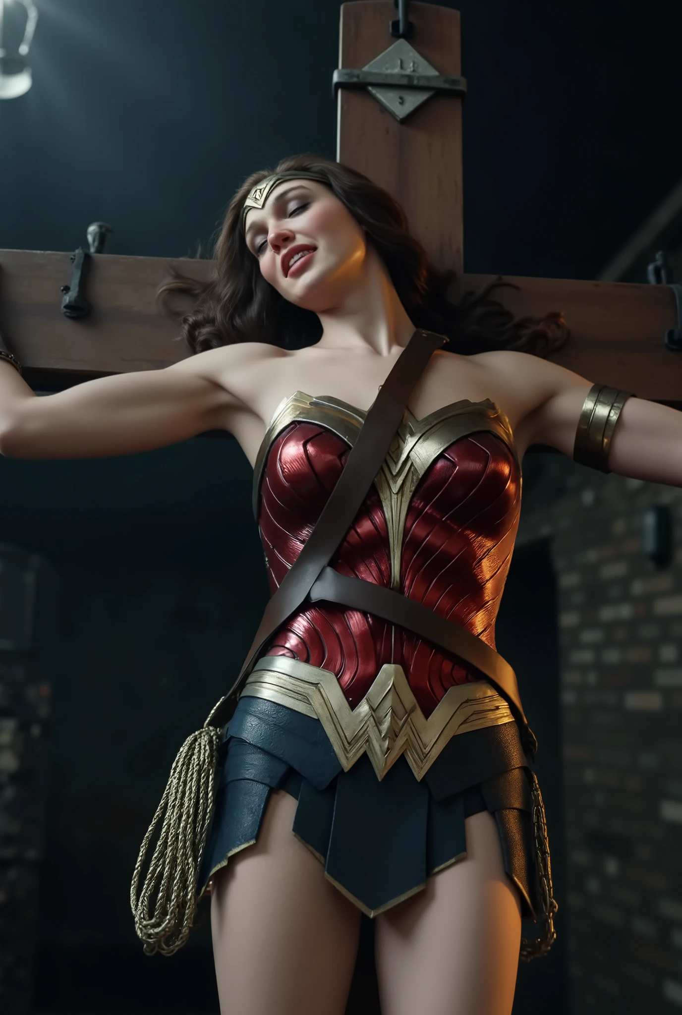 Gal Gadot is Wonder woman, a Wonder woman is crucifixion on the cross, very bright white skin, brown hair, unconscious, eyes close, never smile, bound arms to the cross by chain, a lot of chains bound tighten on her arms, painful face, Excruciating pain face, photorealistic, hyper realistic, whole body visible, in the night, in the underground prison,