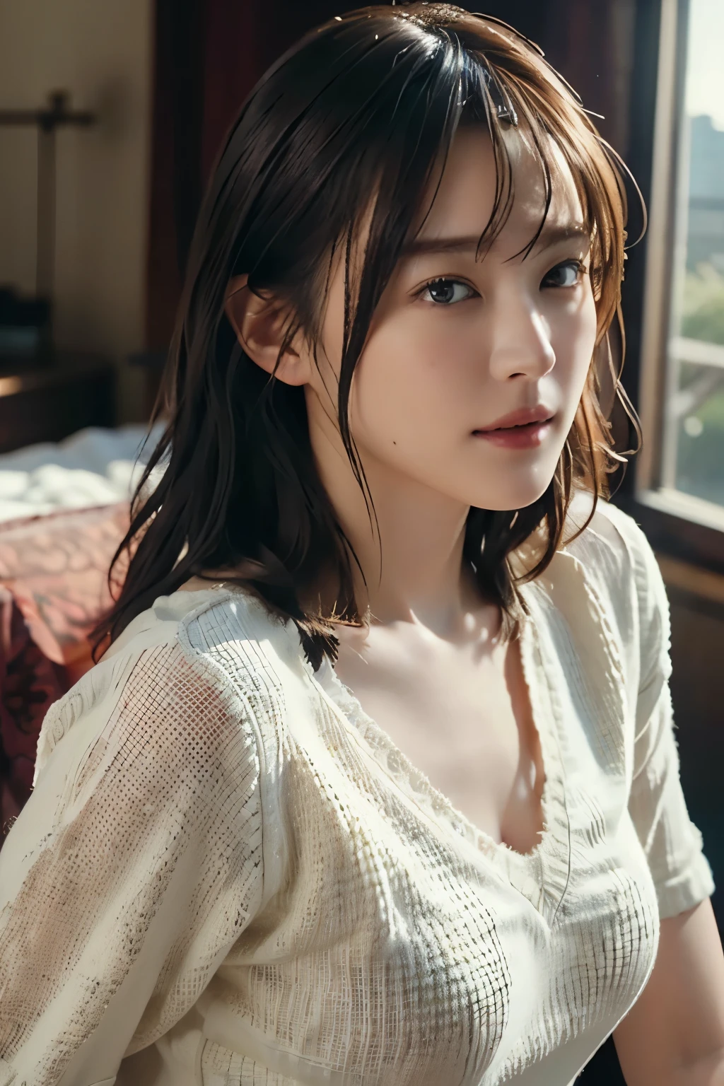 ((natta, Realistic lighting, top-quality, 8K, ​masterpiece:1.3)), Slender Beauty:1.4, Highlight your abdominal muscles:1.1, (brown haired, :1.3), moist silk dress:1.2, 浴室,The face is super fine、The eyes are detailed、二重まぶた).{{masutepiece}}, {{{Best Quality}}},{{Ultra-detailed}}, {{Illustration}},{{disheveled hair}},{{masutepiece}},{{{Best Quality}}},{{Ultra-detailed}}, {{{Illustration}}},Beautiful scene,Clear facial features,hyper realstic,Octane Render,UE5,high detailing,hyper quality,High resolution,Trending on ArtStation,Hyper-Realism,surrealism,hard disk,16 K,telephoto lens,Medium Close-up,Split lighting,