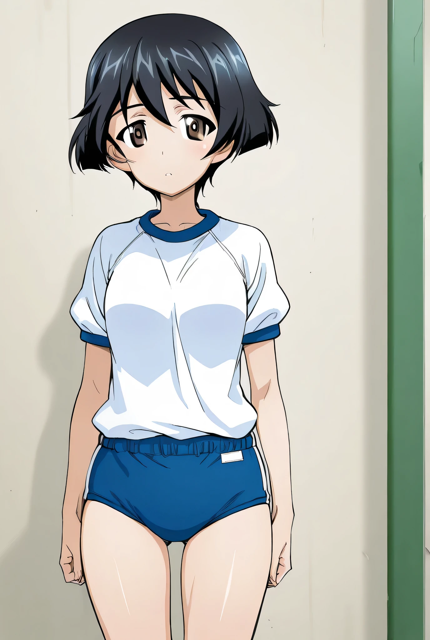 One Girl, alone, whole body, blush, smile, I401KC, Brown Hair, Short ponytail, White shirt, Sleeveless,One piece swimsuit, Bare arms, Sleeveless shirt, headgear, School Swimsuit, Sunburn, Sunburnlines, dark skin, Wear a swimsuit under your clothes, Sailor shirt, Orange sailor collar, From behind,
