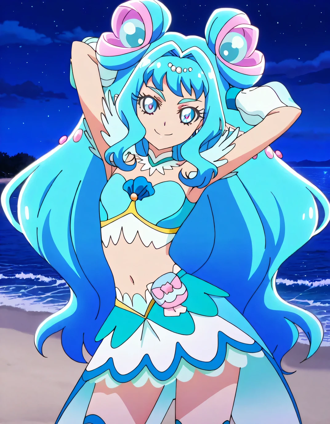Sailor girl with blue hair and blue eyes standing on the beach - SeaArt AI