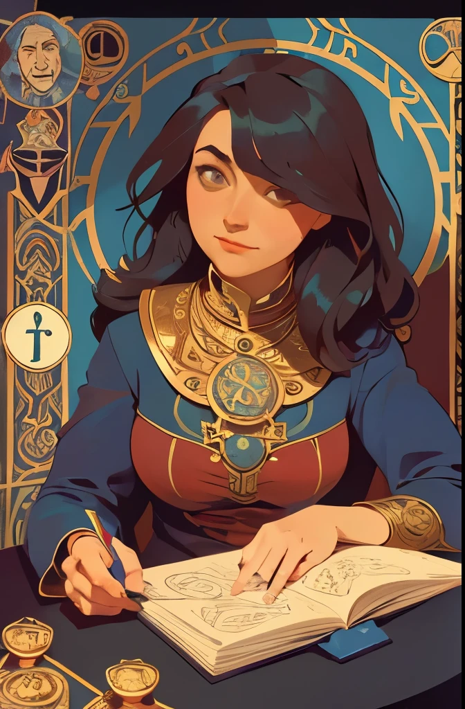 (Best Quality, Masterpiece), 1 Girl, single hair, rock formations, stone, Tarot cards, devil, Medium Tits, Woman holding a magic book