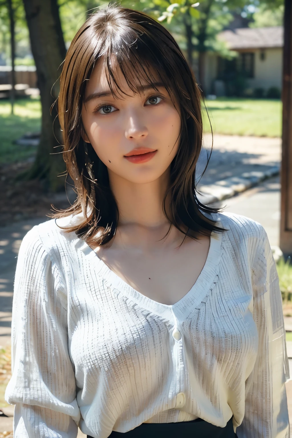 (In 8K, Top Quality, masterpiece:1.2), (realistic, Photorealistic:1.37), very well detailed, natural light, medium breasts, Knitted V-neck shirt , Cowgirl who , very well detailedな顔と肌, in more detail, very well detailedな顔と肌