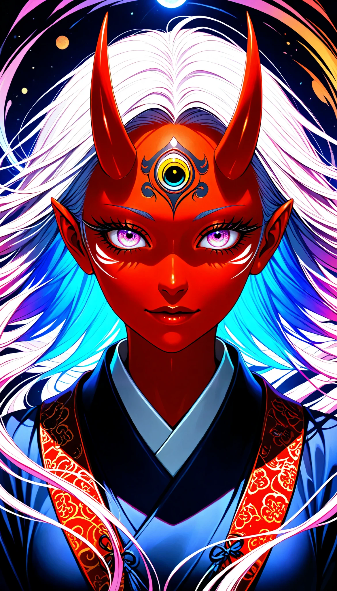 A powerful oni woman, beautiful detailed eyes, beautiful detailed lips, extremely detailed eyes and face, long eyelashes, dark skin tone, Japanese demon Noh mask, flowing robes, attacking with love, fantasy creature, vivid colorful, matte, dark tone, high quality, 8k, detailed, intricate, photorealistic, digital art