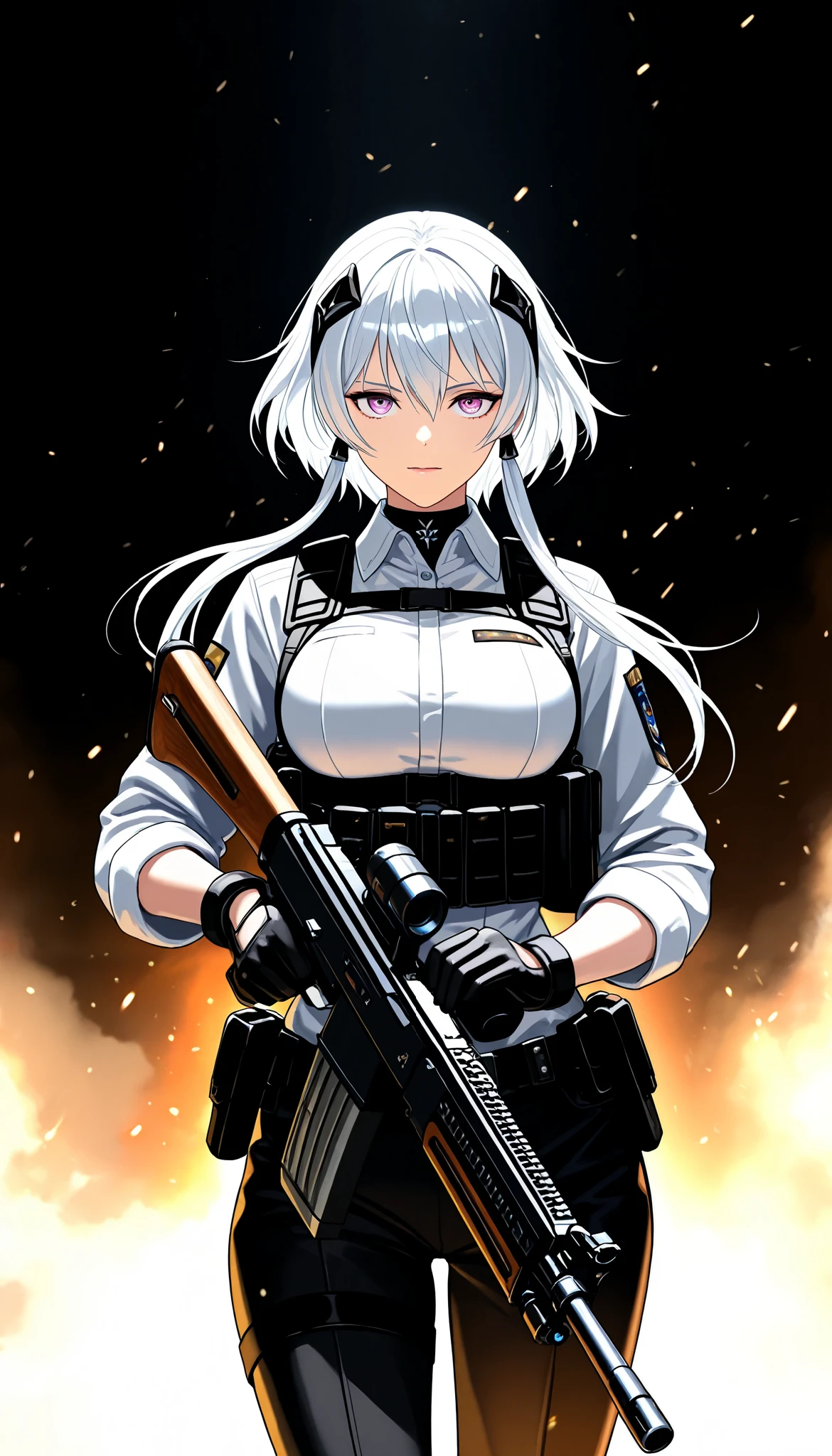 (masterpiece, Best Quality:1.2), 1 girl, Alone, \ characters "Atlas"\, combat motion with a gun, light manners to dodge bullets, stare at enemies and fight back, realistic bullets fired from powerful high-performance rifles, cinematic smoke stage, cool& beauty combat action,