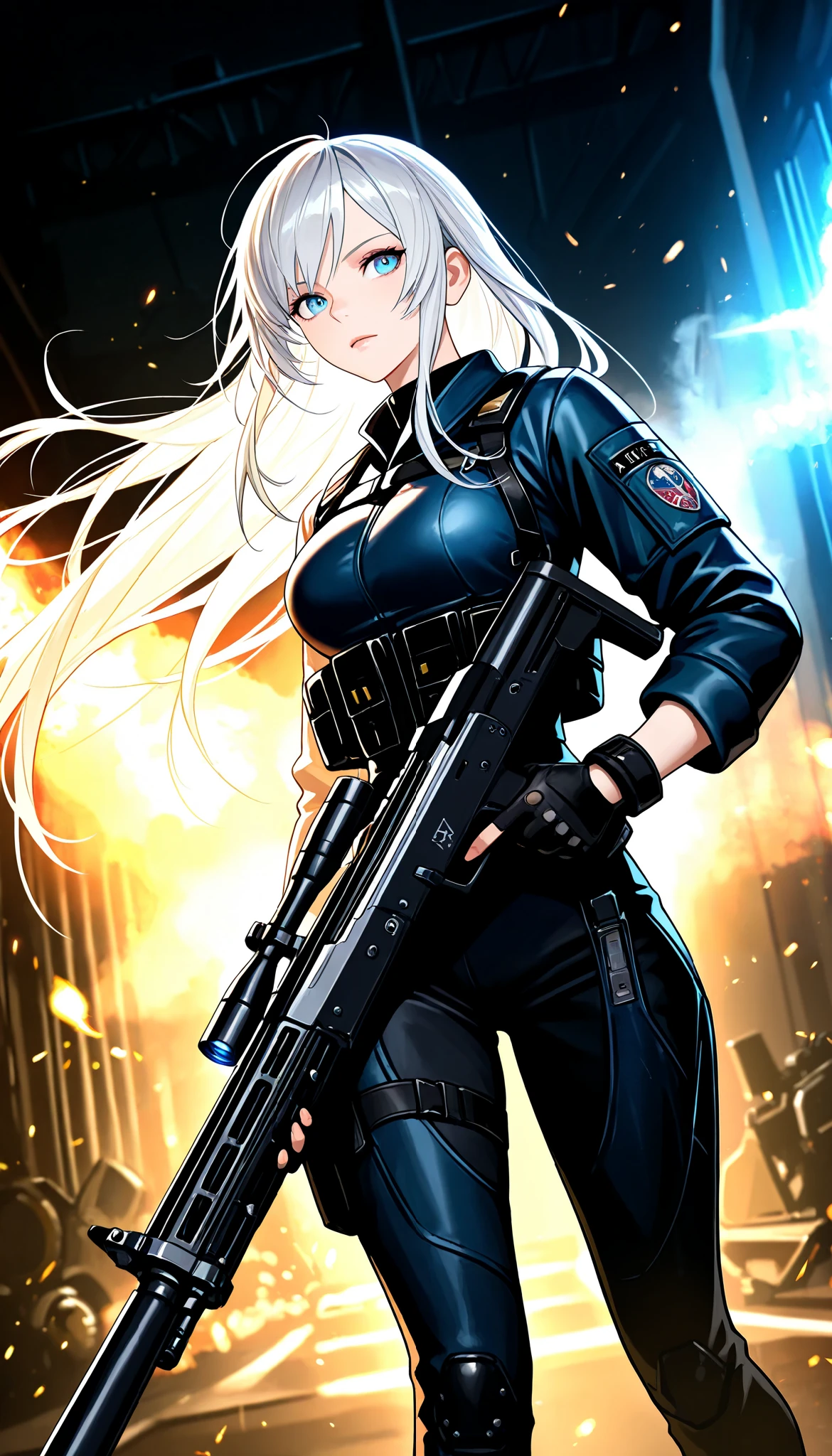 (masterpiece, Best Quality:1.2), 1 girl, Alone, \ characters "Atlas"\, combat motion with a gun, light manners to dodge bullets, stare at enemies and fight back, realistic bullets fired from powerful high-performance rifles, cinematic smoke stage, cool& beauty combat action,