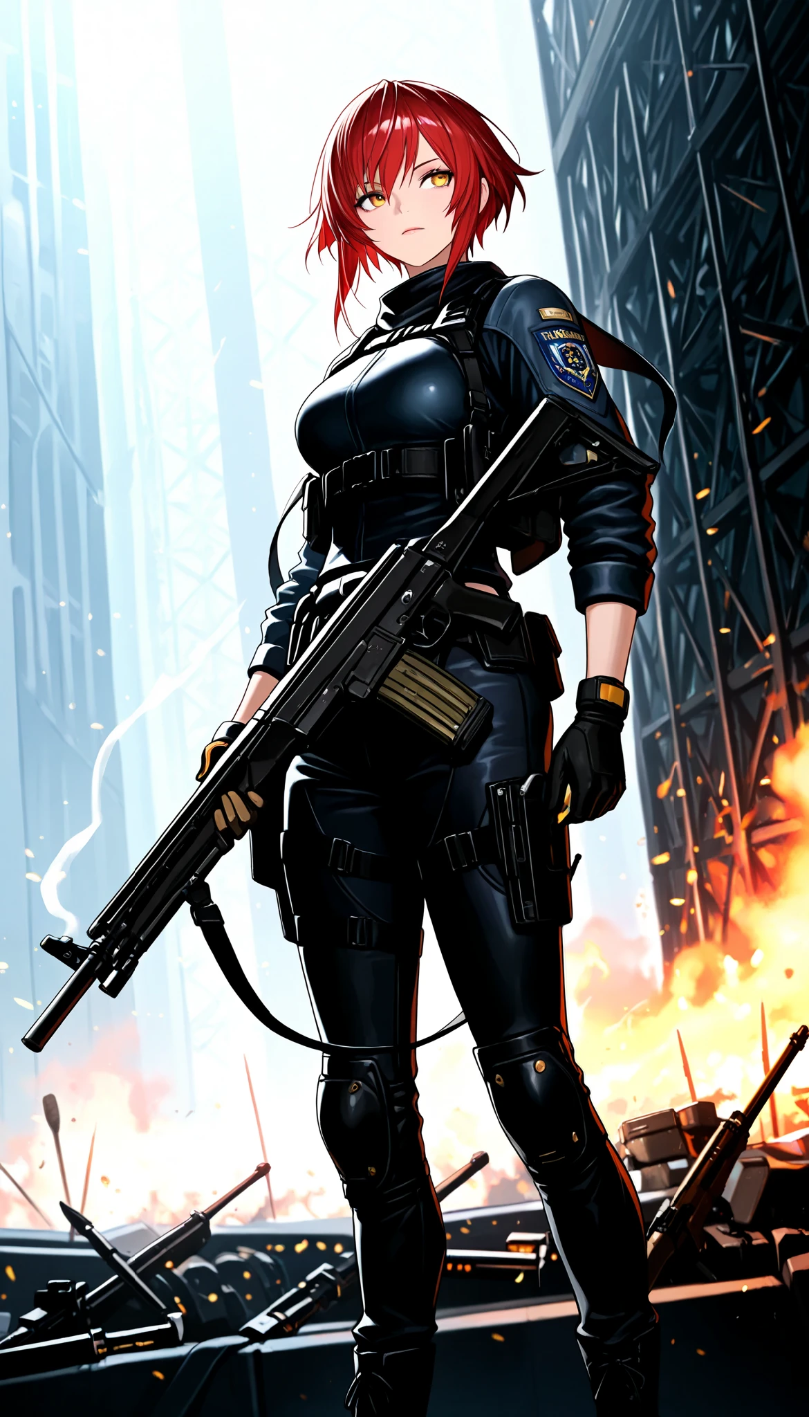 (masterpiece, Best Quality:1.2), 1 girl, Alone, \ characters "Atlas"\, combat motion with a gun, light manners to dodge bullets, stare at enemies and fight back, realistic bullets fired from powerful high-performance rifles, cinematic smoke stage, cool& beauty combat action,