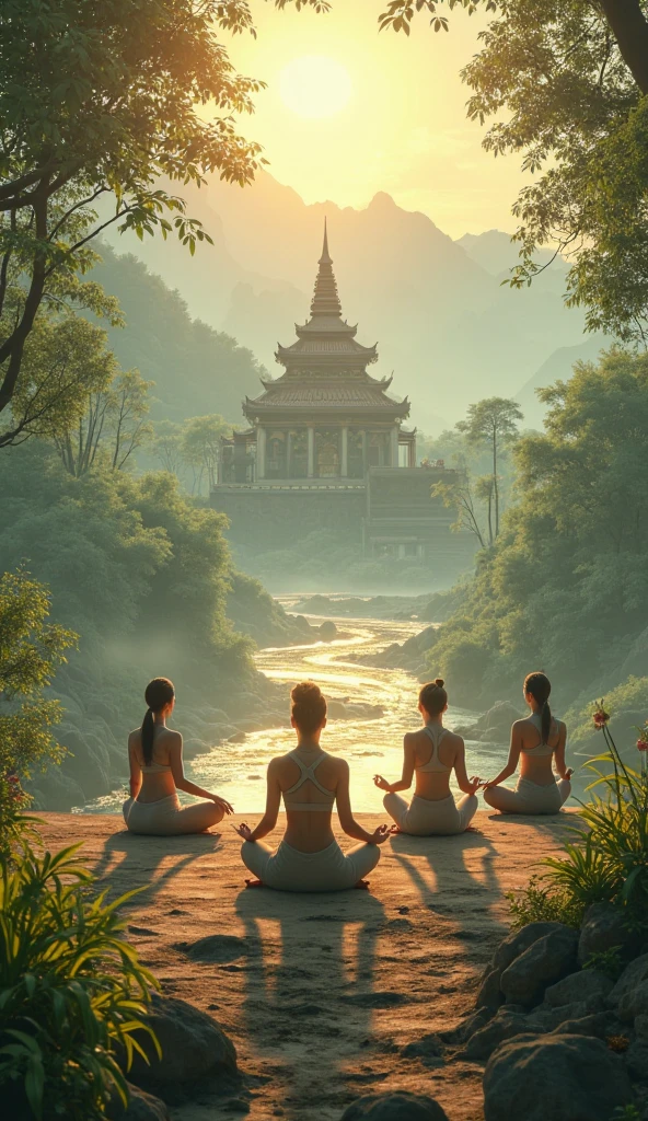 me realistic image of 3 asian meditating in an astral temple with forest and birds flying and cat next to it and candles on the side