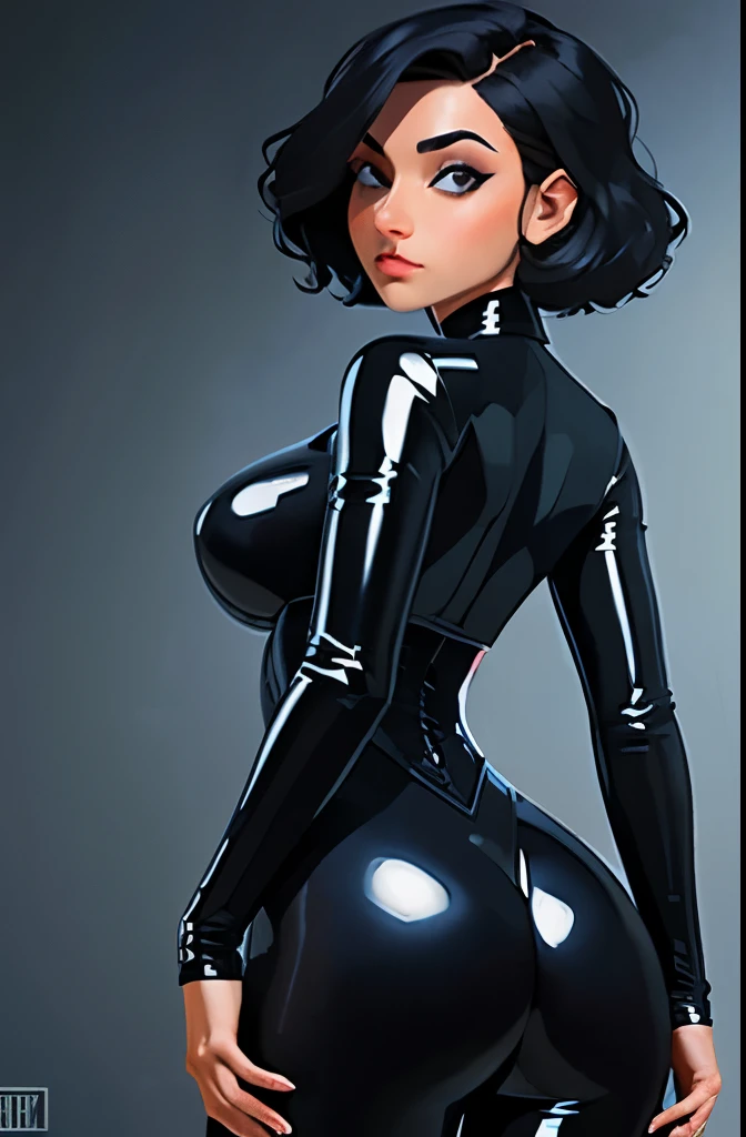 Arani Desai (Doom Patrol), (Masterpiece, Best Quality:1.2), black suit, 1girl, cleavage, dark skinned female, black hair, short pixie hair, indian, looking a viewer, Jewel,