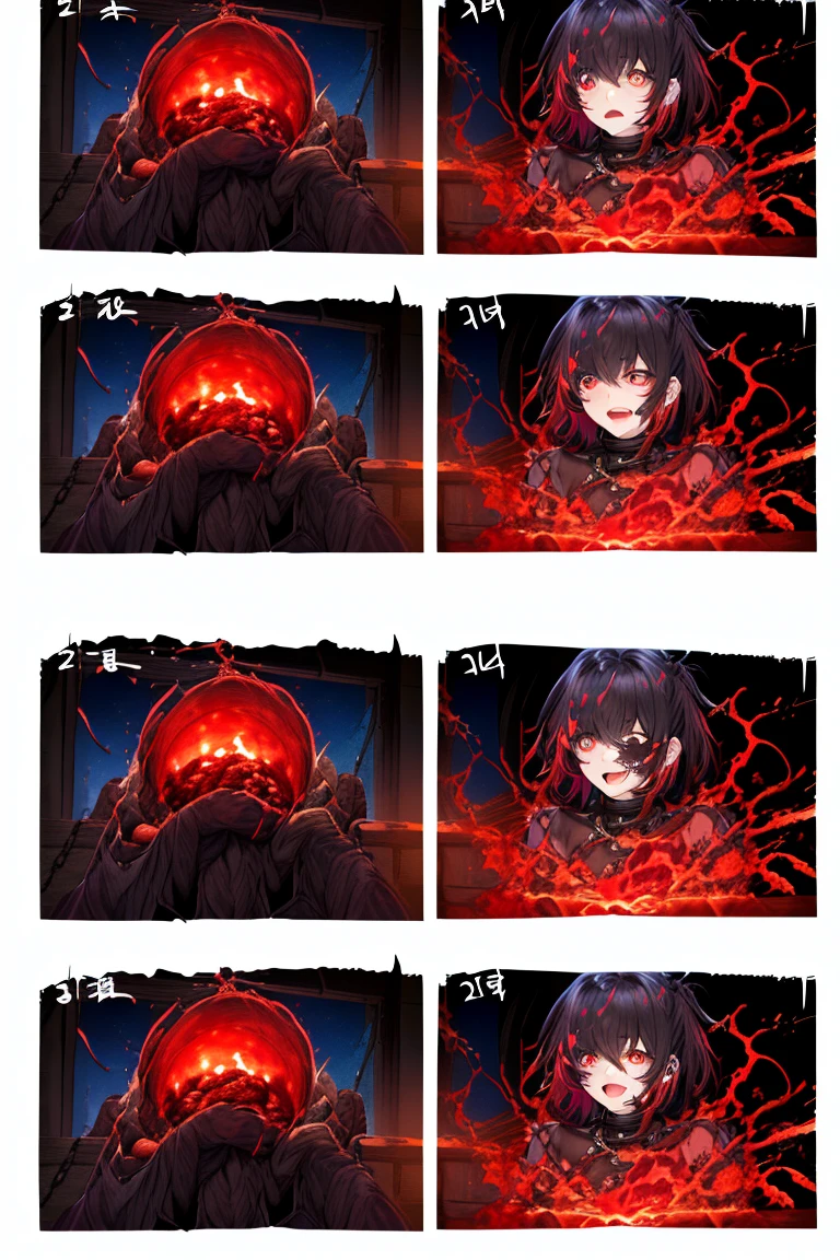 「TOP QUALITY, high resolution, Dark Fantasy Art 。A dark prison cell held by an enemy organization、A room surrounded by cold stone walls。
her hands and feet are restrained by chains 、 can't escape 。(身体の右半分がVampirizationしていく:1.4)、
(body's Left side: She remains a normal human, Her eyes remain the same, Her skin remains beautiful, Her hair remains blue, Keep your nails short 1:5)。
(body's Right side: Vampirization, bright red eyes and large vertical jet black pupils: her skin becomes pale and blood vessels float , the tips of her hair are dyed red like blood , Sharp Red Nails , gradually changes to an ecstatic expression :1.5)。
she has an expression of hopelessness 、She trembles as she pulls on the chains。
「... someone... help... 」
only one side has already changed 。soon、The girl is completely stained with evil 。
but、Dark magic eats away at her body、Her consciousness fades...。」
