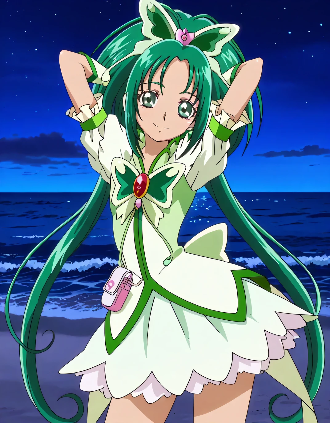 Anime girl with green hair and green dress on the beach - SeaArt AI