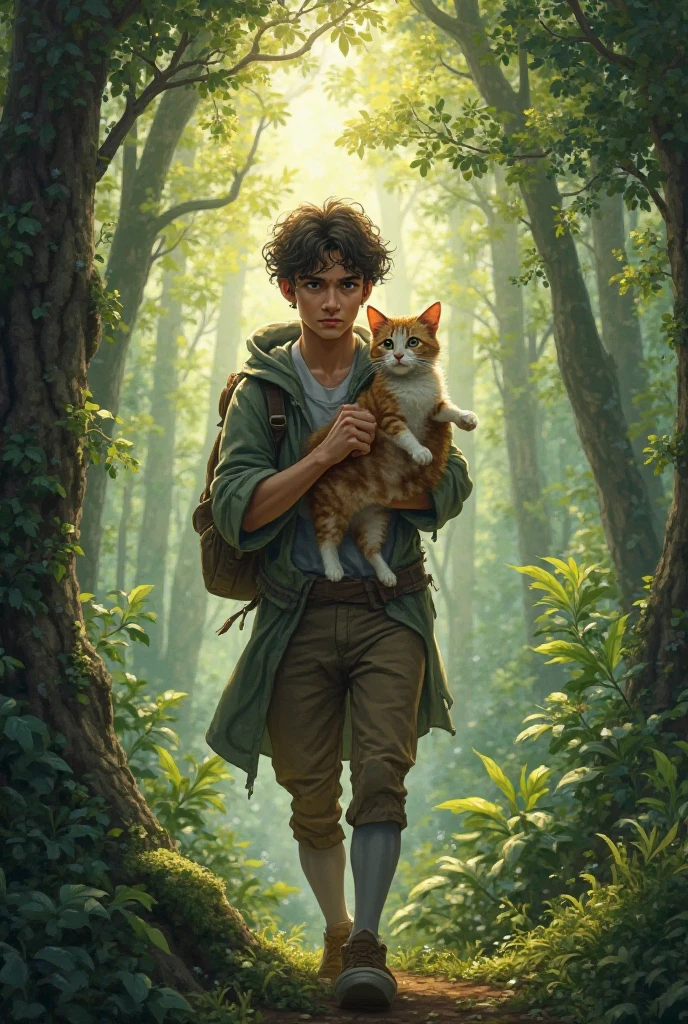 Illustration for a fairy tale about a boy, standing in the woods, who knows how to talk to animals
