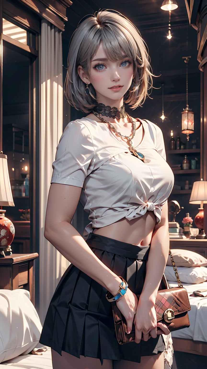 24 year old Caucasian female、Silver Hair、Pixie Cut、Lace choker、Lace tops、lace black skirt、Lace gloves、hair band((hair ribbon))、smile