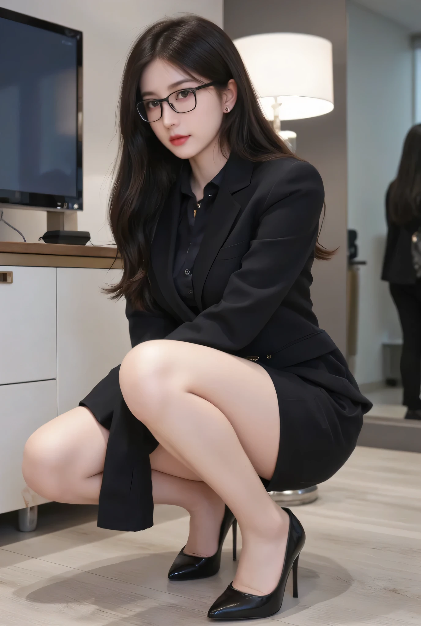 G-cup，In black suit，Reveal a little，Black hip skirt，Superskirt，A-line skirt，She wears black pantyhose on her legs，high-heels，Wearing glasses，Sit on the couch in the office，The beauty of mixed races，huge size eyes，Very white skin，lips in red，with sexy look，being thin，Very skinny，legs separated，Smooth skin，The face is a little rosy，Lips slightly open，There is a little white milk stain at the corner of the mouth