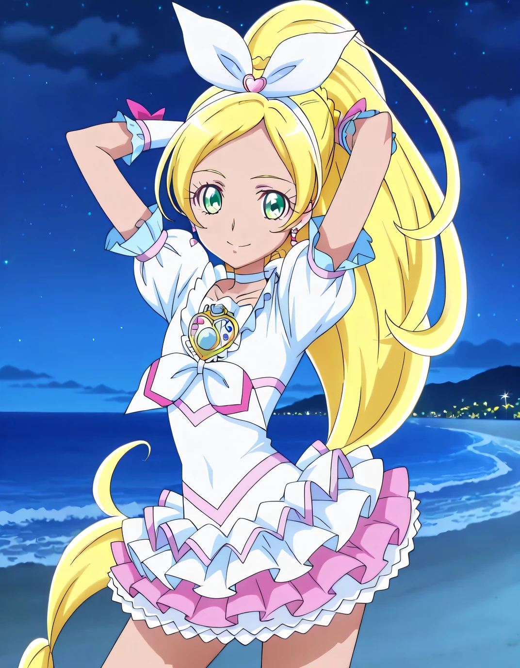rhythm cure, blonde hair, ponytail, very long hair, braid, eyelashes, green eyes, hair bow, white bow, white hairband, hair ornament, earrings, anime screencap, high quality, solo, cowboy shot, (contrapposto), hands behind head, closed mouth, night sky, beach, looking at viewer, smile, best quality