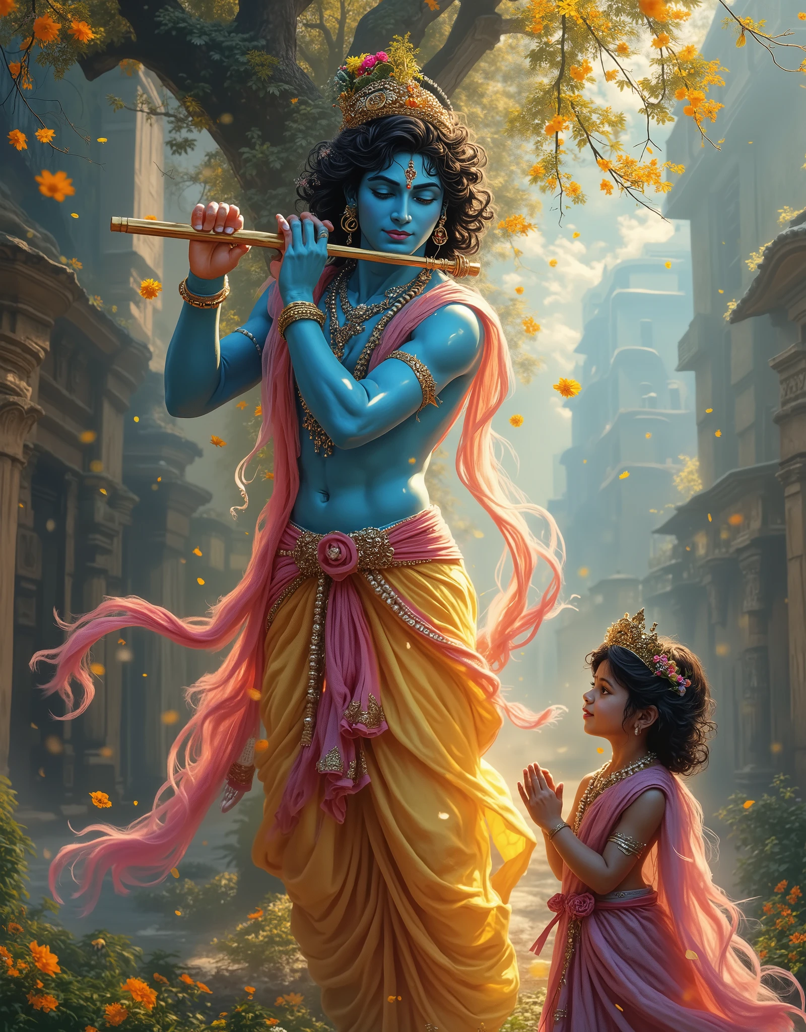 An illustration of Lord Krishna who is standing in tree pose (vrikshasana) amd playing his flute with closed eyes before a boy( male ), the boy is standing in front of him seeking his blessing and love krishna's floating clothes are merging into the atmosphere, his clothes are getting blended into the air, lord krishna has curly hair, blue skinned, pearls mala, yellow and pink attire, ((ancient city theme)) giving blessing to a , krishna's body radiating pollen particles as divine energy and divine presence, happy face, shot taken from low level, low angle, from the bottom , hyper details, illustration, mind blowing artwork, professional finger and hands((uhd)) ((perfect face))) ((perfect hands))) (((handsome face)) ((perfect anatomy)) ((playing flute)) ((tree pose))