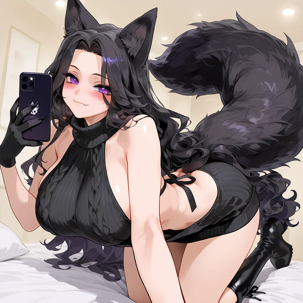 By fumiko, by hyattlen, flat colors, cell shading, anthro husky female, black and white fur, husky face markings, emo hair, black hair, hair covering one eye, purple eyes, white sclera, eyes, grey and white fur, smiling cutely, :3, gothic lingerie, thigh high socks, exposed toes, black eyeliner, black mascara, lying on a bed, on her side, butt focus, posing seductively, rear view