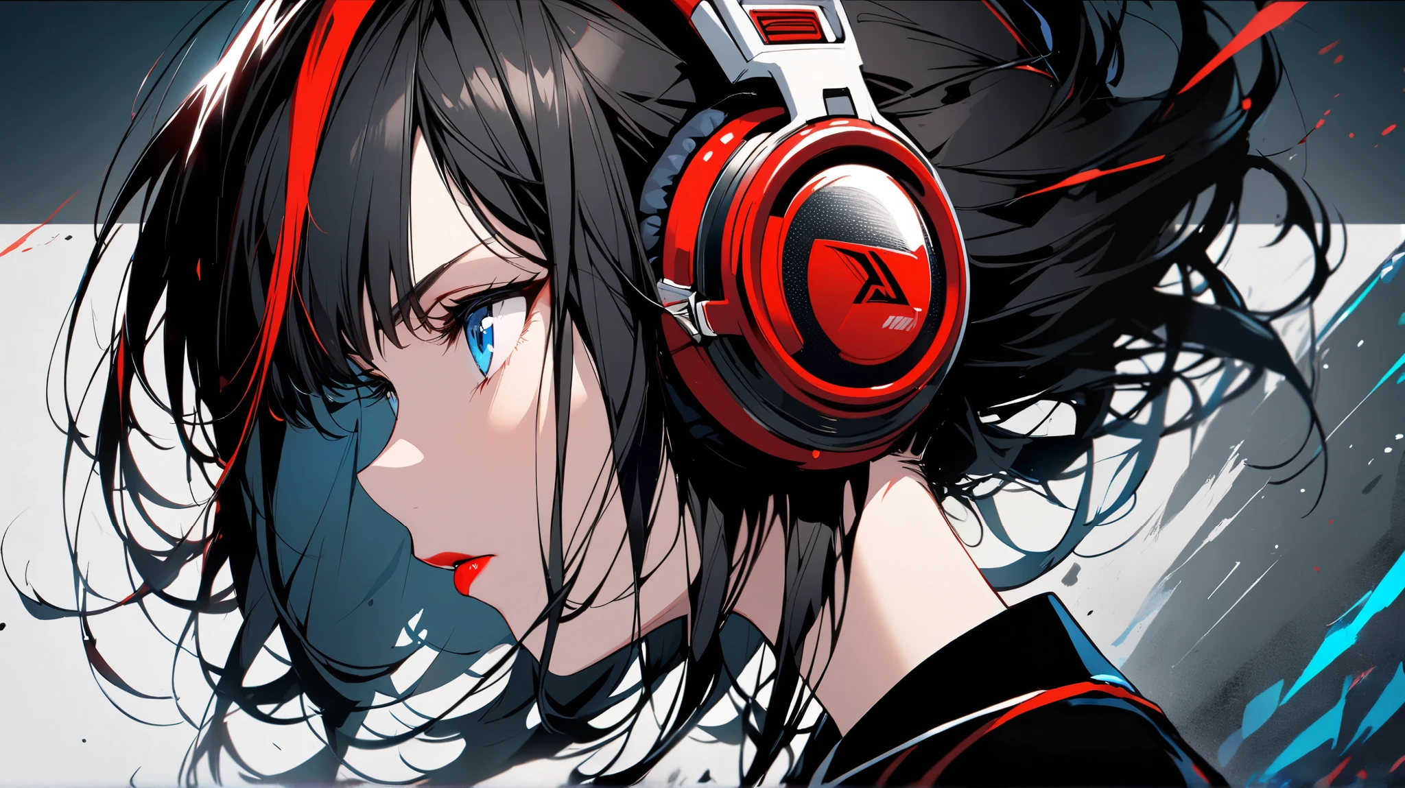 (((Ink Painting))), Fashion portrait color photos, (((1 girl))), (((Tattoo on face))), (((Gorgeous hair accessories))), Japanese style headphones, face close-up, Japan人の美少女, Black Hair, Japan, Japanese flag