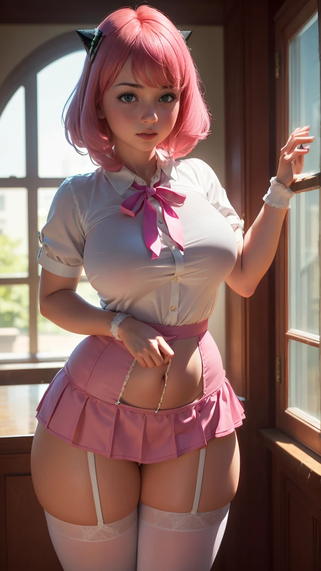 , (nsfw: 1.06), 1girl, solo, accentuated super huge enormously gigantic breasts, looking at viewer, (long neon pink hair, bangs, beautiful eyes, neon pink hair:1.2), white thigh high socks, sexy, seductive, (lying), closed mouth, mini thong, unbuttoned school girl uniform and lifted plaid school girl skirt, full body , micro mini lace bra showing, perfect cameltoe showing, indoors, spread legs open, cleavage and underboob showing, glossy lips, mini thong showing, pubic hair showing, school classroom, realistic, horny, on the floor, sex appeal, cute, photo taken from above, (unbuttoned school girl uniform and lifted plaid school girl skirt, armpit bottom, mini thong showing, horny facial expression, very sexy, sexy seductive slutty pose, full body, legs spread open)