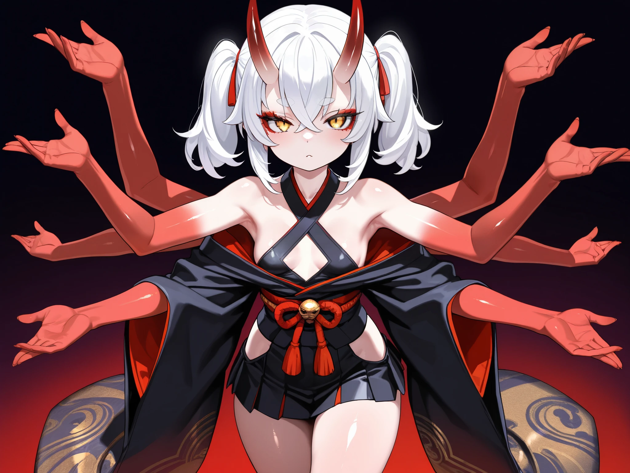(1 spider mature:1.5), (lower body is white spider:1.5), Masterpiece, (Best quality:1.3), 8K, absurdres, finely detail, perfect anatomy, 4K, detailed eyes, break, (antennae), (white hair:1.3), red eyes, break, (black kimono, off shoulder), big breasts, red pantie, cleavage, bare shoulder, (white spider legs:1.3),