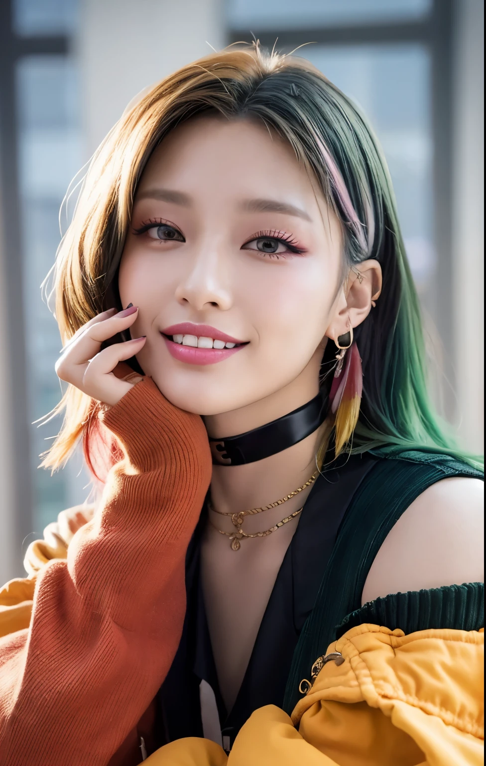close up of a Realistic woman with multicolored hair (green and black streaked hair) and a happy smile showing teeth, Inspired by Yanjun Cheng, cute realistic portrait, かわいいRealistic woman with strawberry lips, rosy check , Smoky eyeshadow, wing eyeliner , 2-step upside down short hair, curly hair, o, short petite layers surrounding the face, Korean realistic tomboy, 8K portrait rendering ,Gal Style Tight Cropped Top with High Neck, off-the-shoulder white and yellow jacket、black bow and detachable sleeves, Many piercings ,Choker, Manicure, fingerless gloves, realistic style , hyperrealistic style , realistic anime , (Realistic woman) ,(ulzzang-6500:0.4)